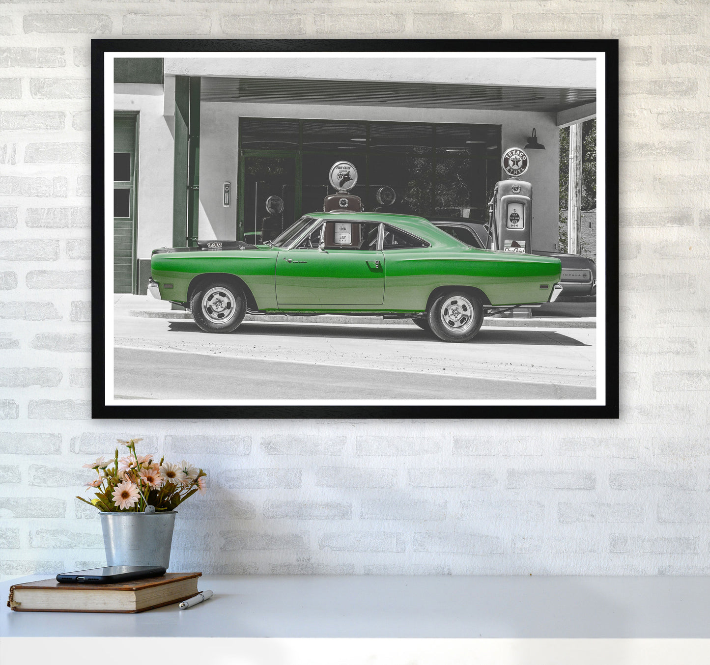 Green Car Modern Print A1 White Frame