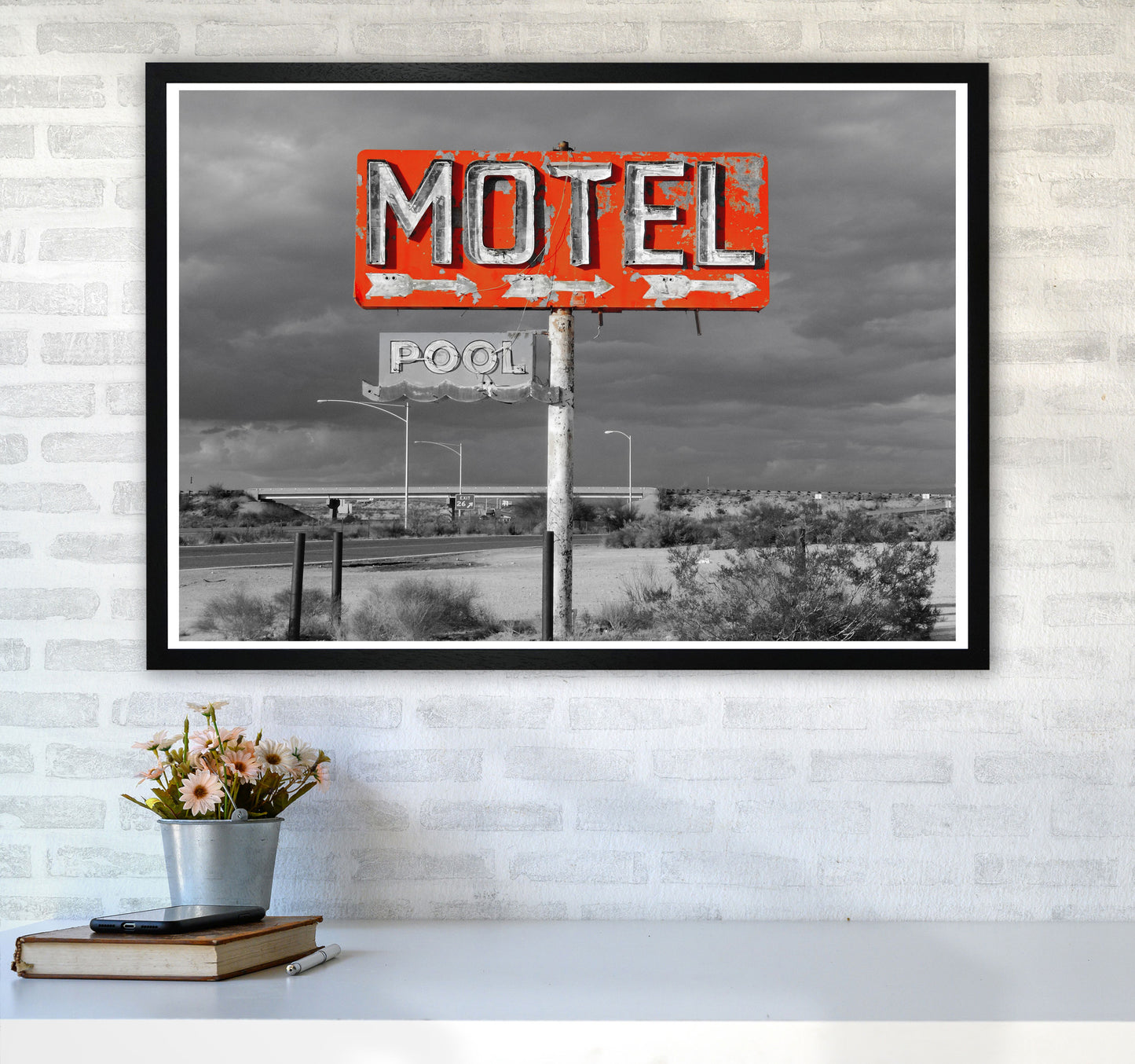 Red Motel Sign Modern Print A1 White Frame
