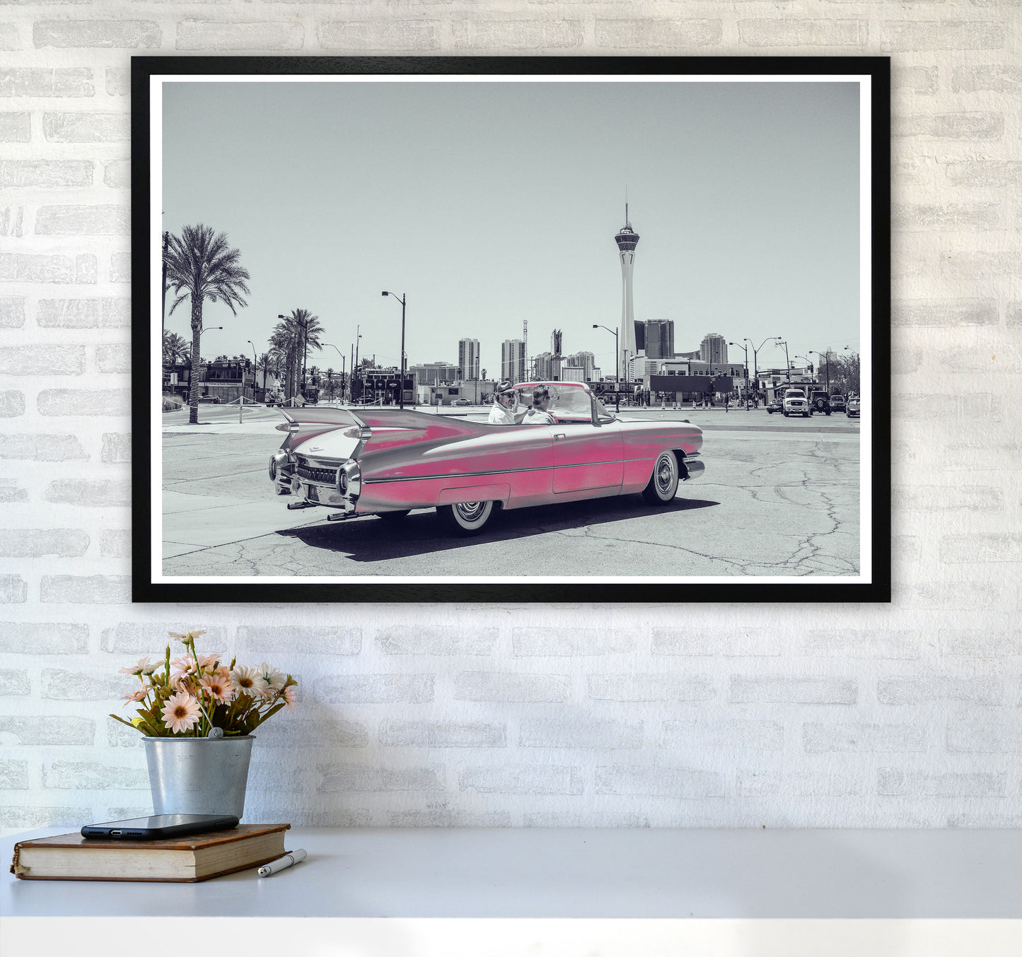 Retro Pink Car Modern Print A1 White Frame