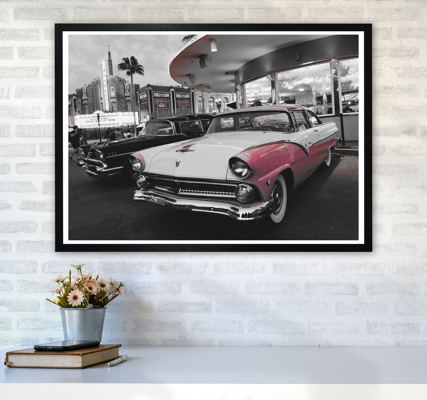 Vintage Pink And White Car Modern Print A1 White Frame