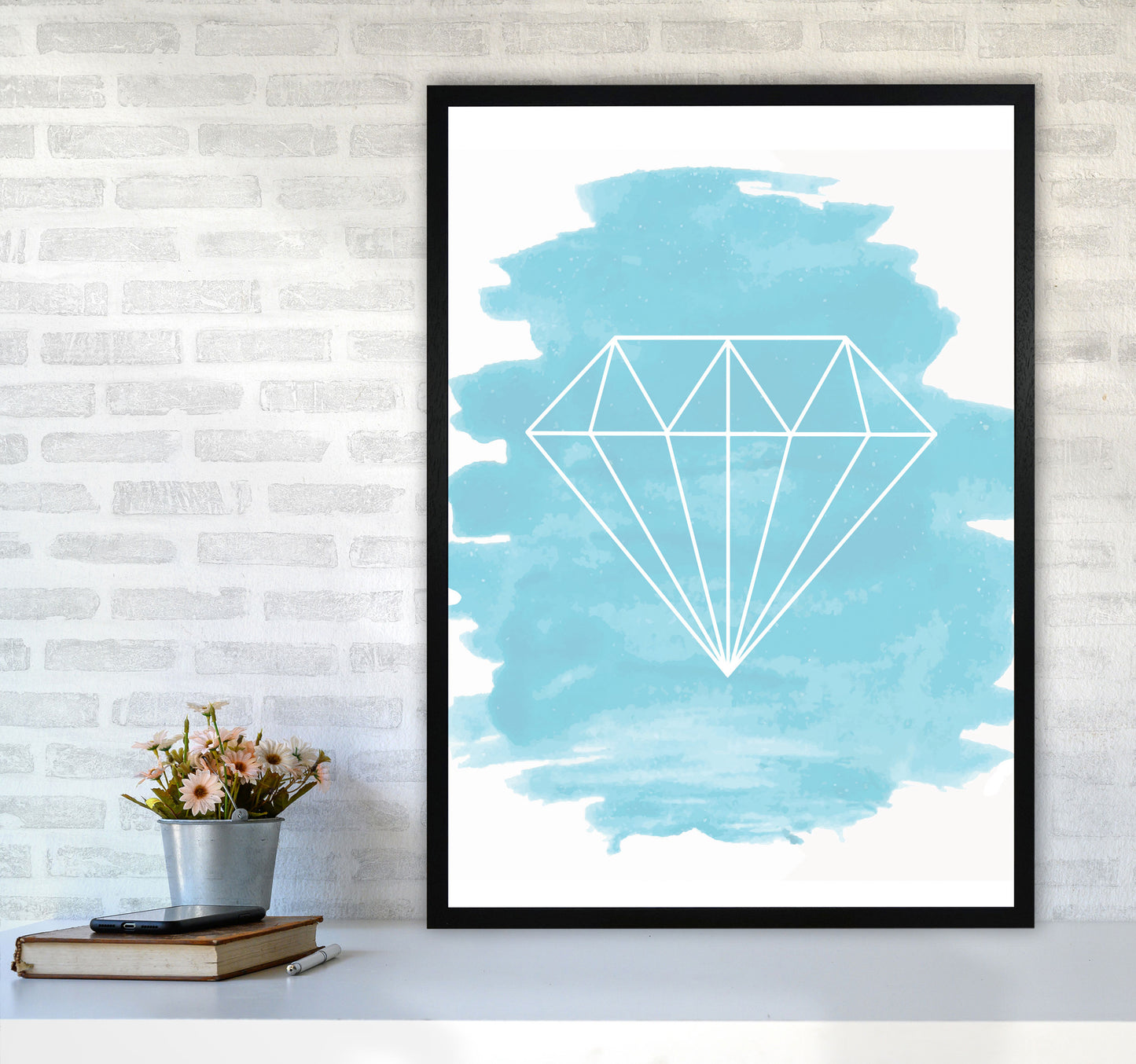 Geo Diamond Light Blue Watercolour Modern Print A1 White Frame