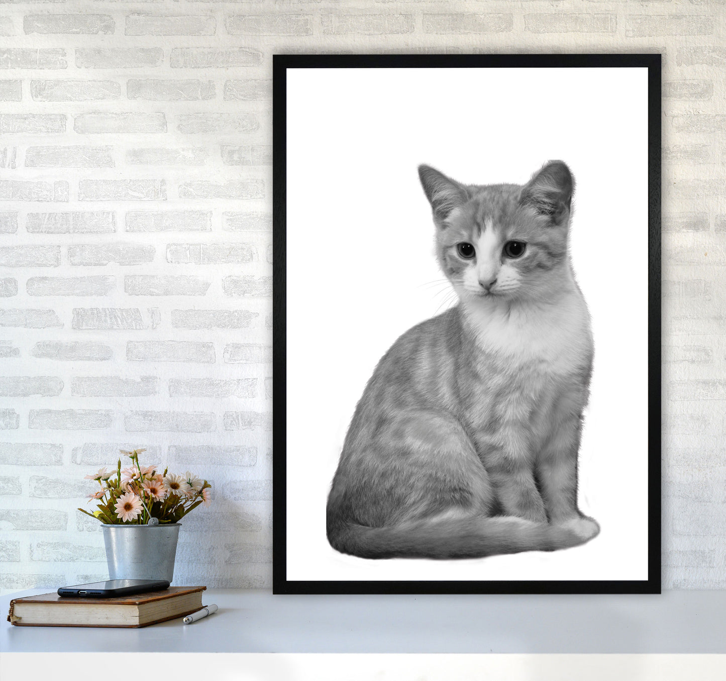 Black And White Cat Modern Print Animal Art Print A1 White Frame