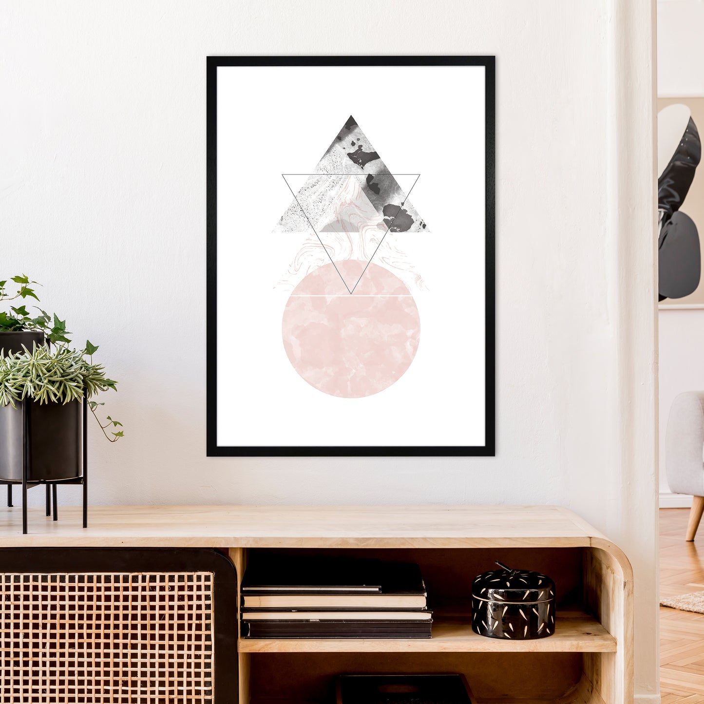 Marble Triangle And Circle Black And Pink Abstract Art Print by Pixy Paper A1 White Frame