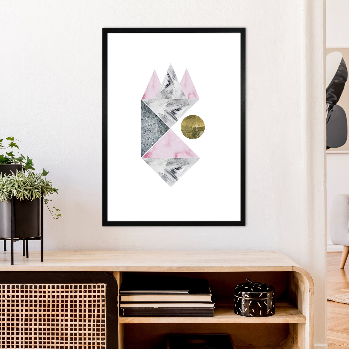 Luna Side Moon Pink And Grey Triangles Abstract Art Print by Pixy Paper A1 White Frame