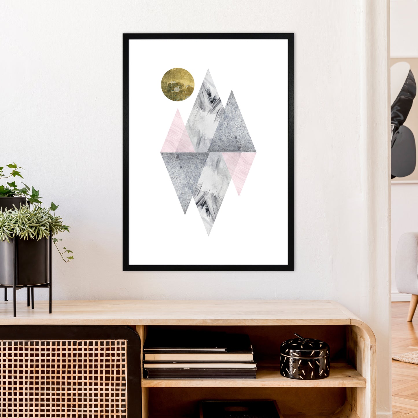 Luna Pink And Grey Diamonds With Gold Moon Art Print by Pixy Paper A1 White Frame
