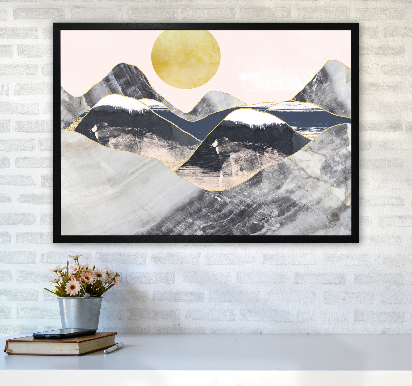 Gold Moon Navy Marble Mountains Landscape Art Print by Pixy Paper A1 White Frame