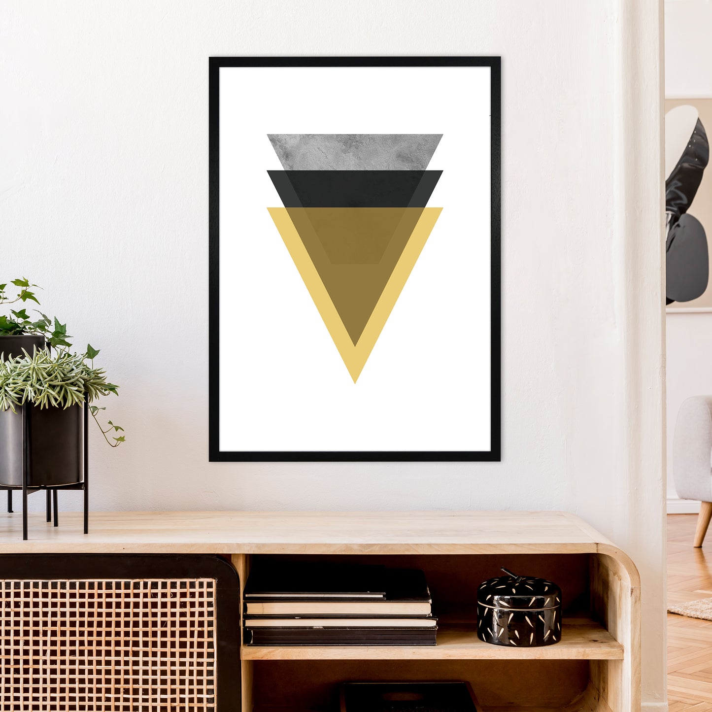 Geometric Mustard And Black Triangles Art Print by Pixy Paper A1 White Frame