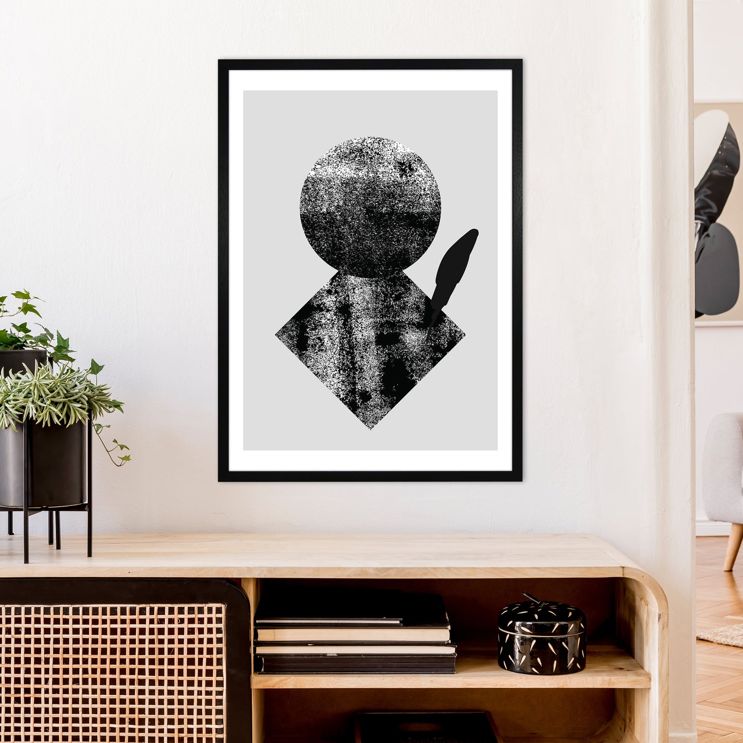 Graffiti Black And Grey Circle Leaf Art Print by Pixy Paper A1 White Frame