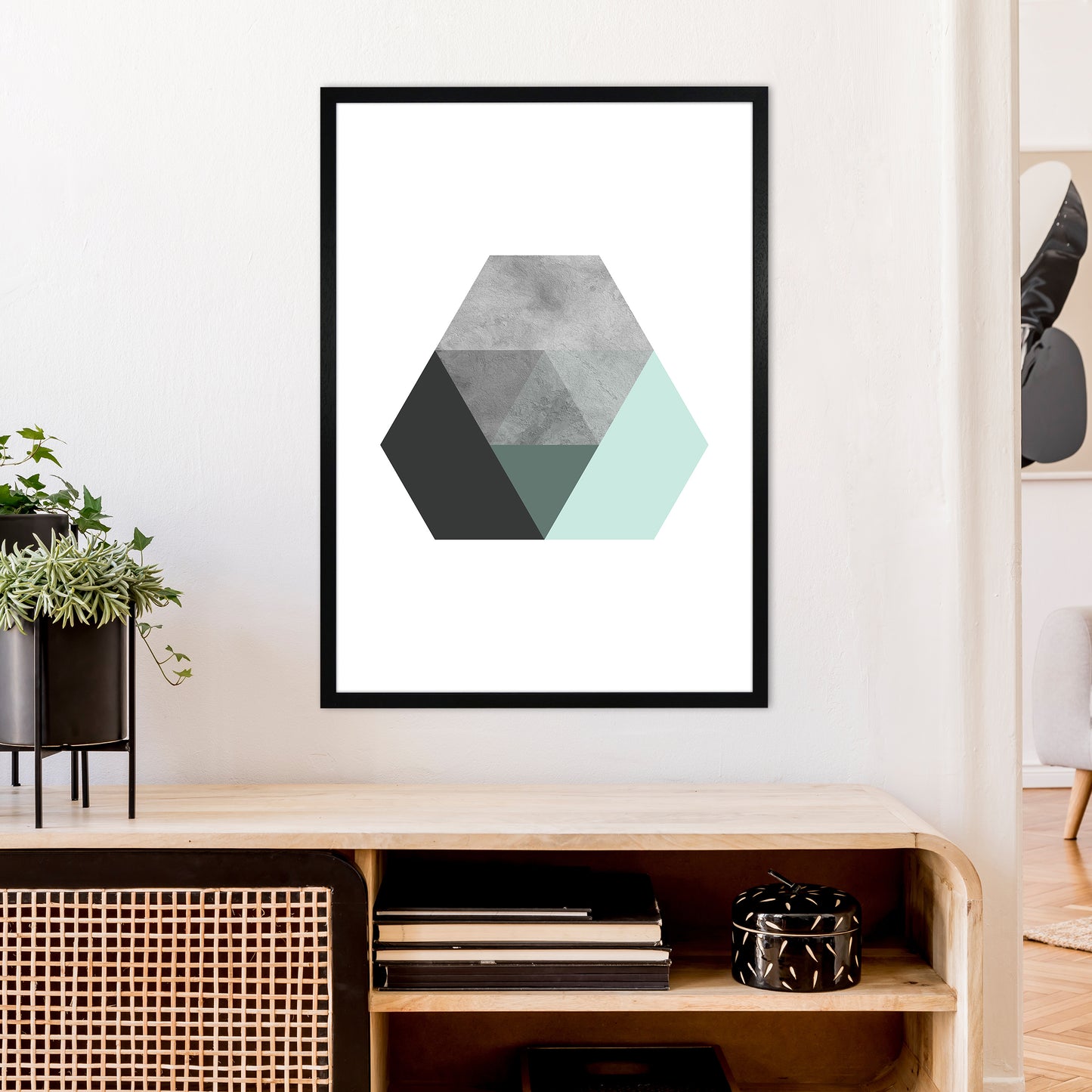 Geometric Mint And Black Hexagon Art Print by Pixy Paper A1 White Frame