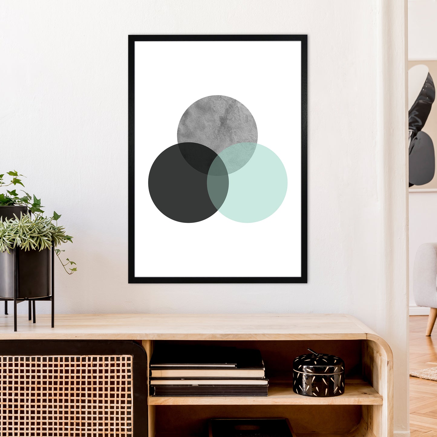 Geometric Mint And Black Circles Art Print by Pixy Paper A1 White Frame