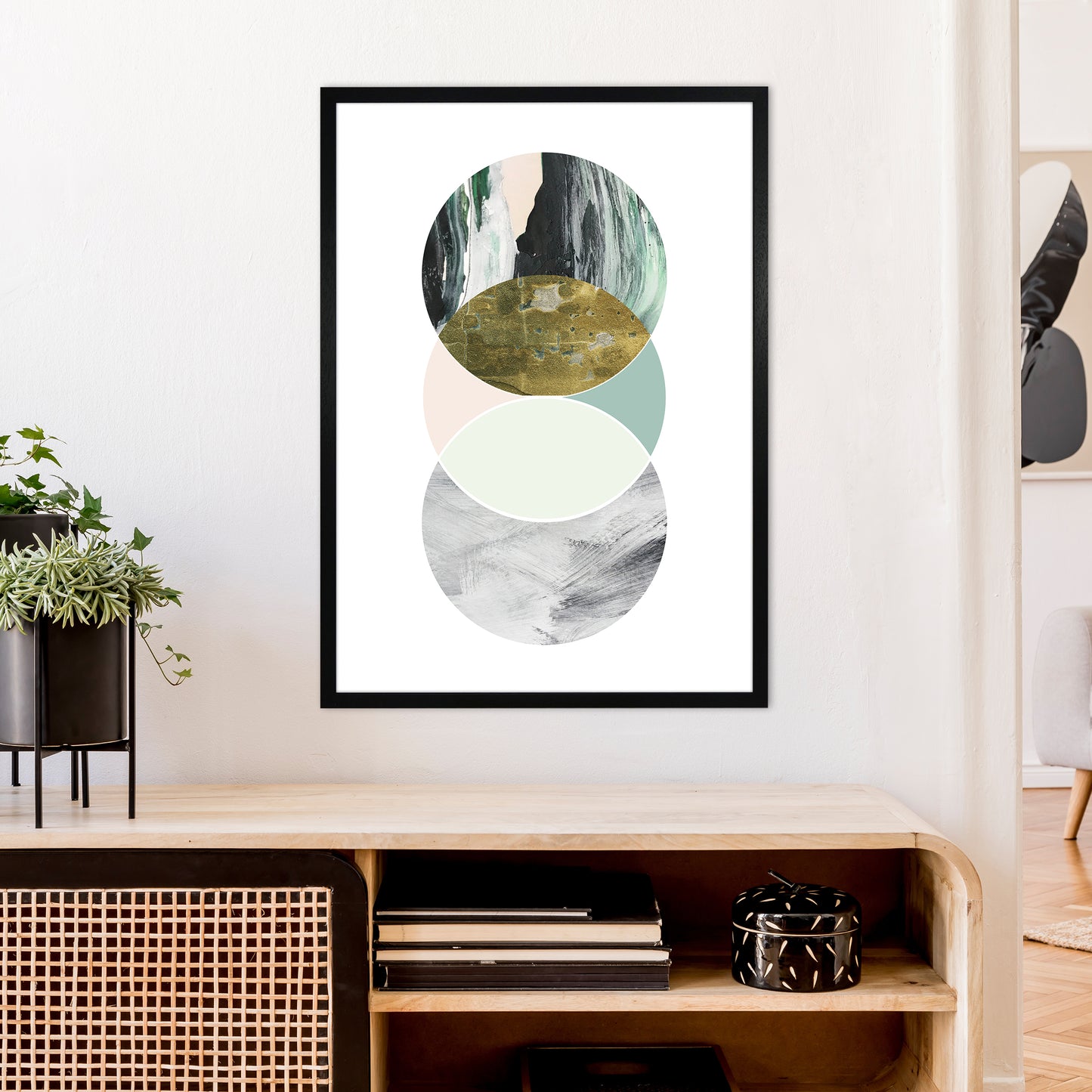 Green Marble Circles Abstract Art Print by Pixy Paper A1 White Frame