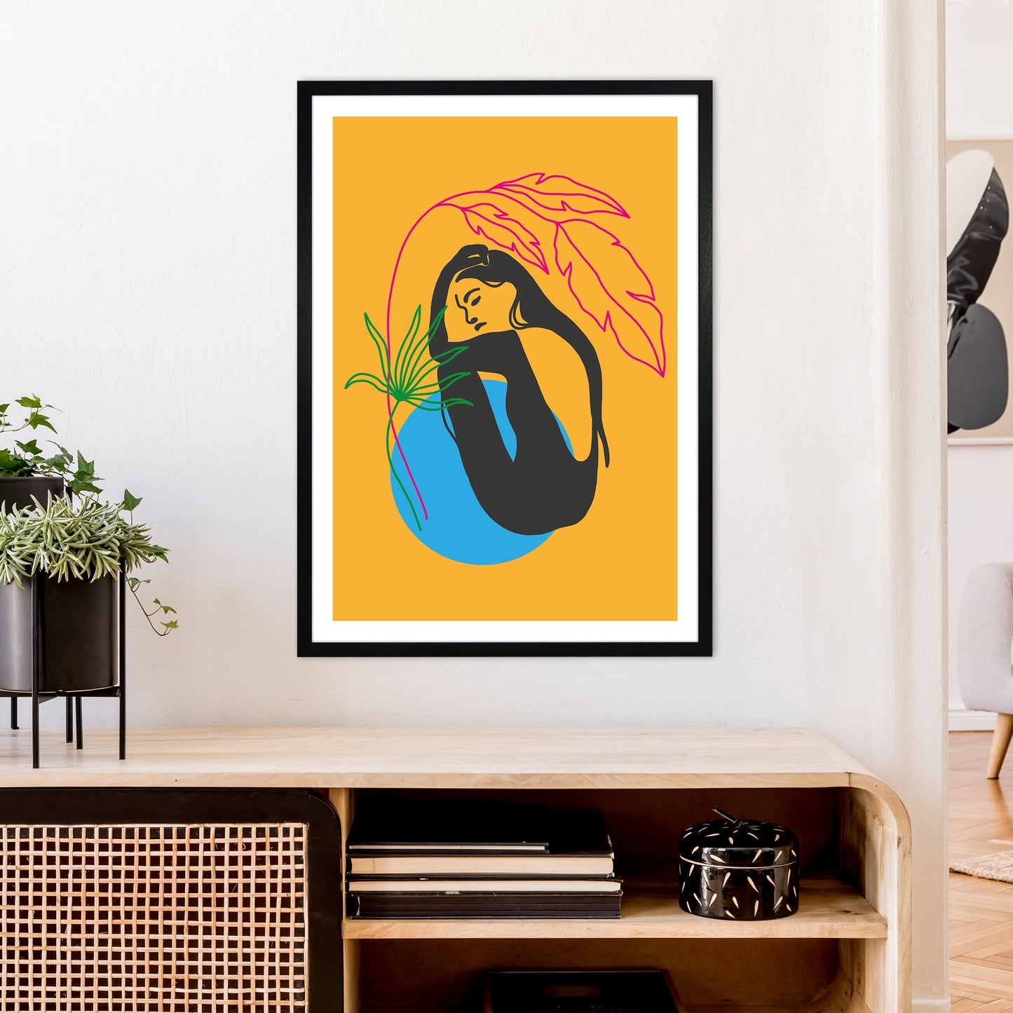 Girl Under Plant Yellow Neon Funk Art Print by Pixy Paper A1 White Frame