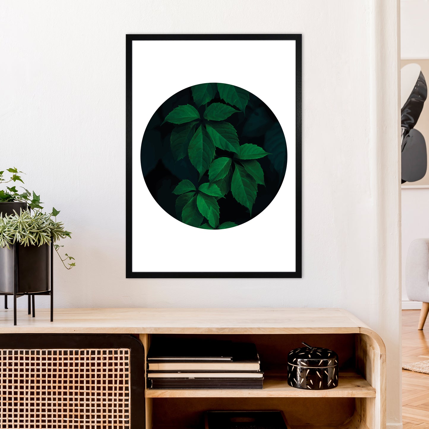 Deep Green Leaf Circle Art Print by Pixy Paper A1 White Frame