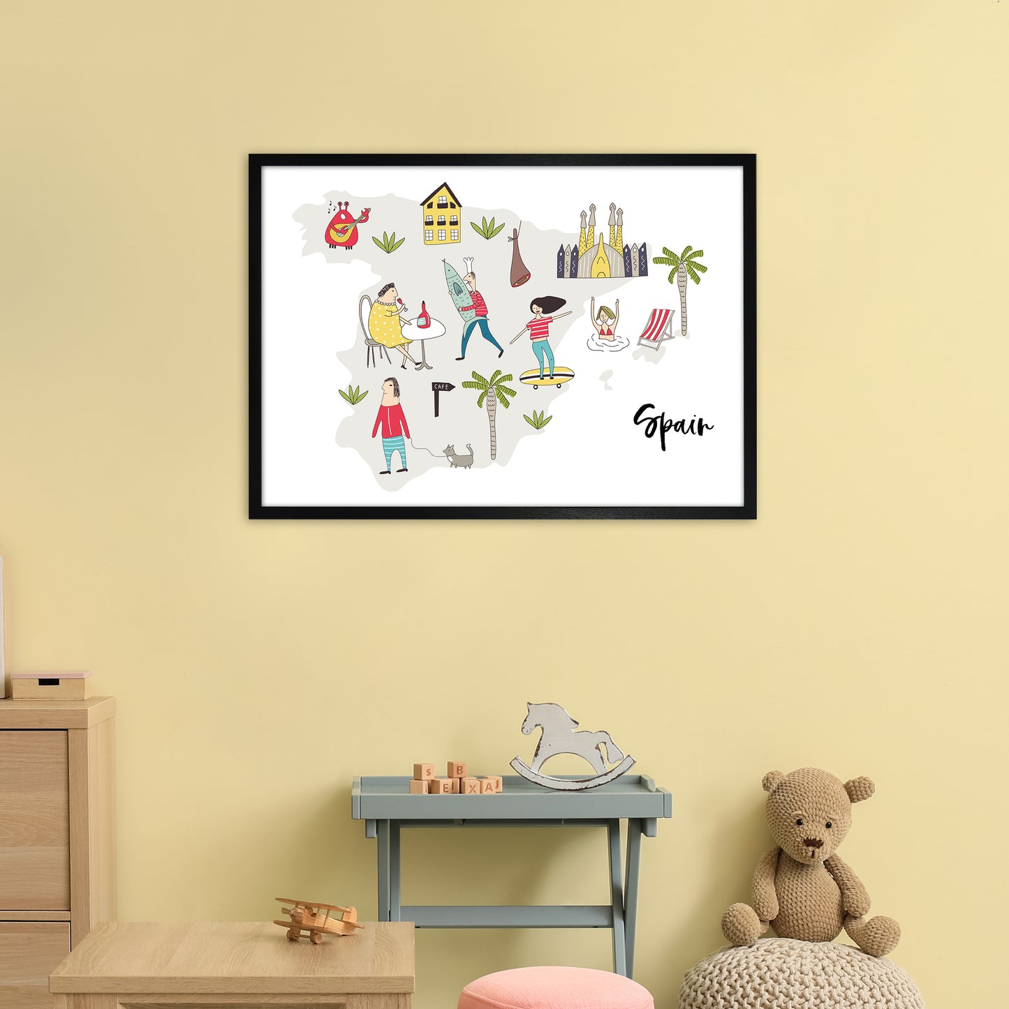 Spain Map Art Print by Pixy Paper A1 White Frame