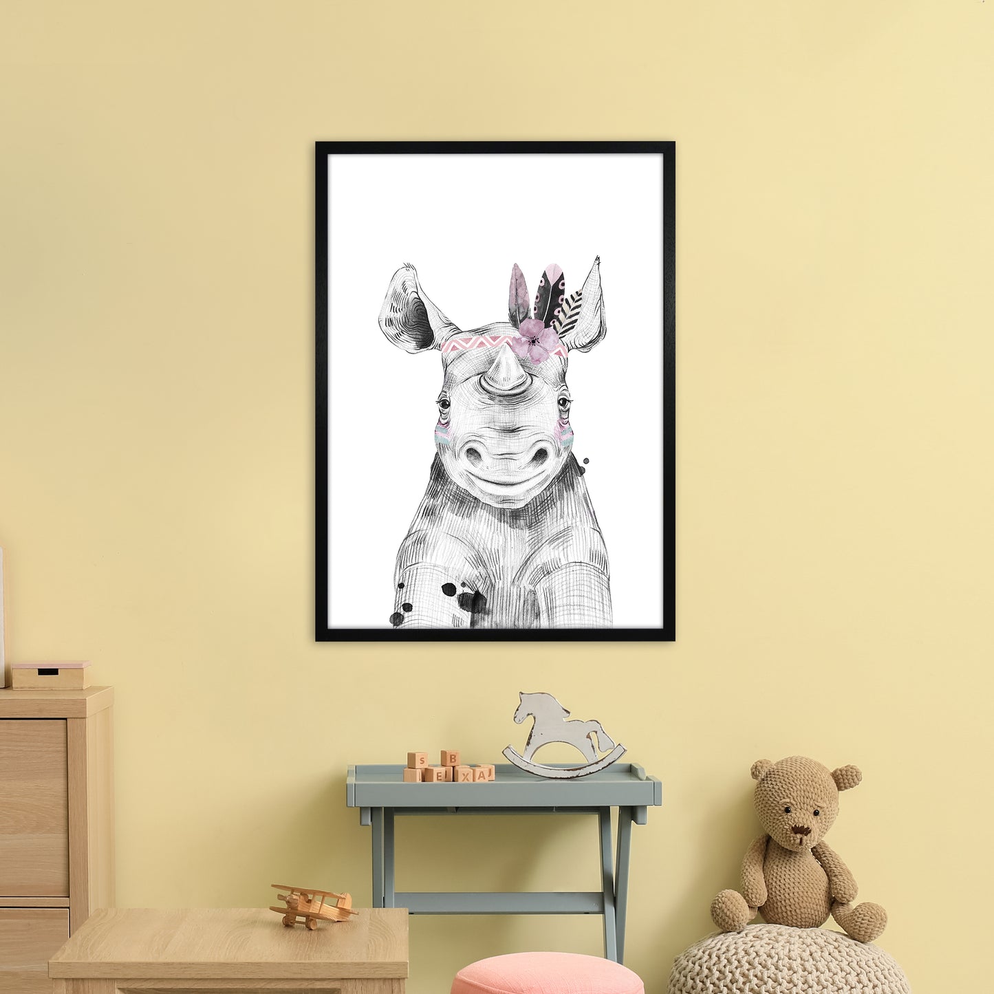 Safari Babies Rhino With Head Feathers Art Print by Pixy Paper A1 White Frame