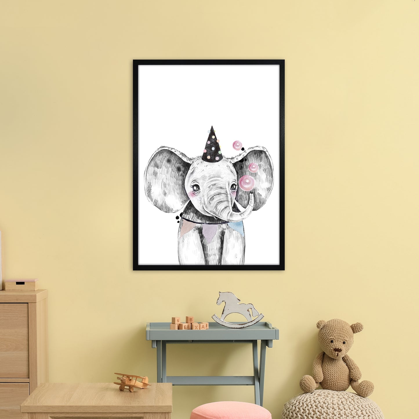 Safari Babies Elephant With Party Hat Art Print by Pixy Paper A1 White Frame