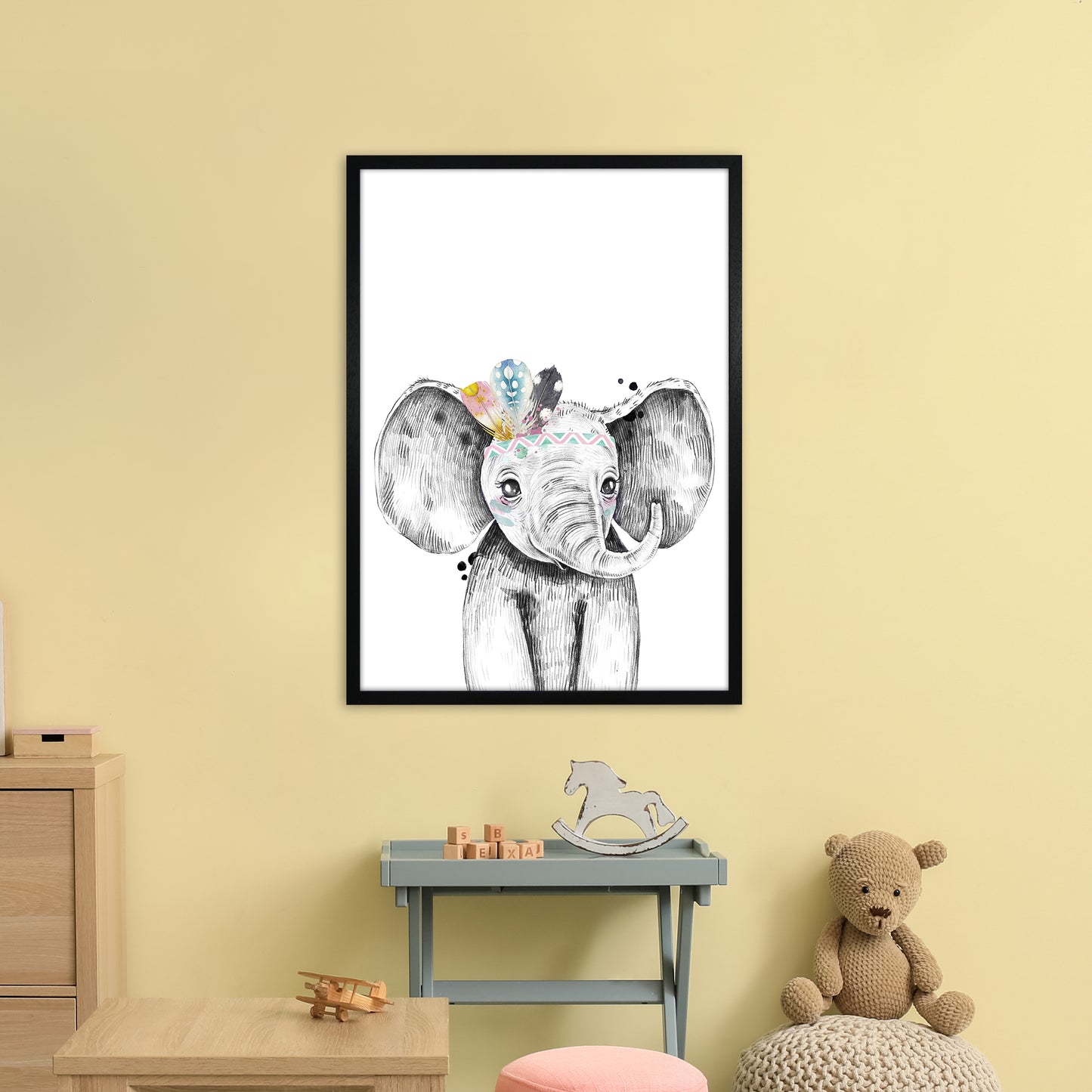 Safari Babies Elephant With Feathers Art Print by Pixy Paper A1 White Frame
