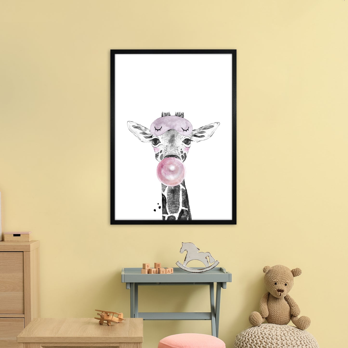 Safari Babies Giraffe With Bubble Art Print by Pixy Paper A1 White Frame