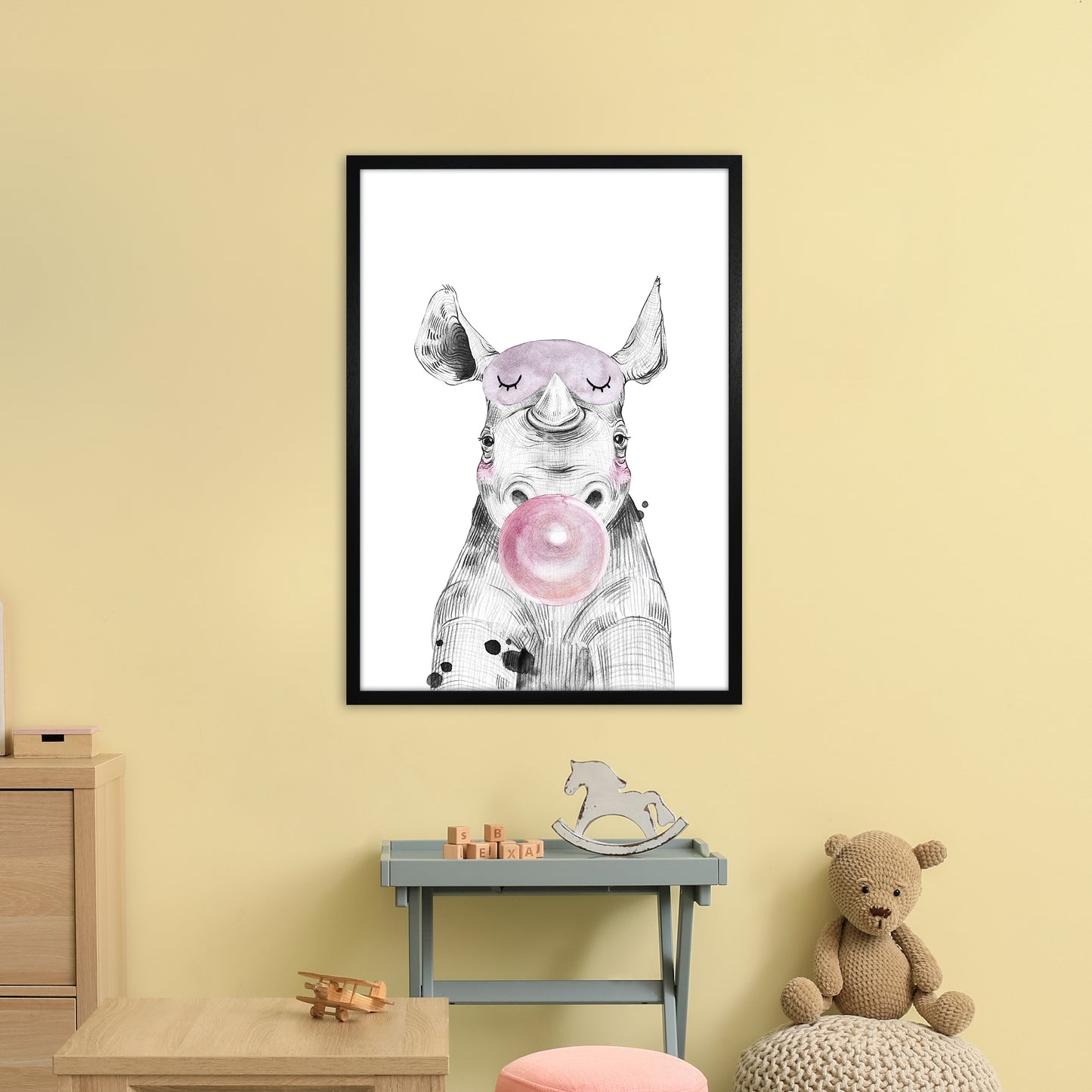 Safari Babies Rhino With Bubble Art Print by Pixy Paper A1 White Frame