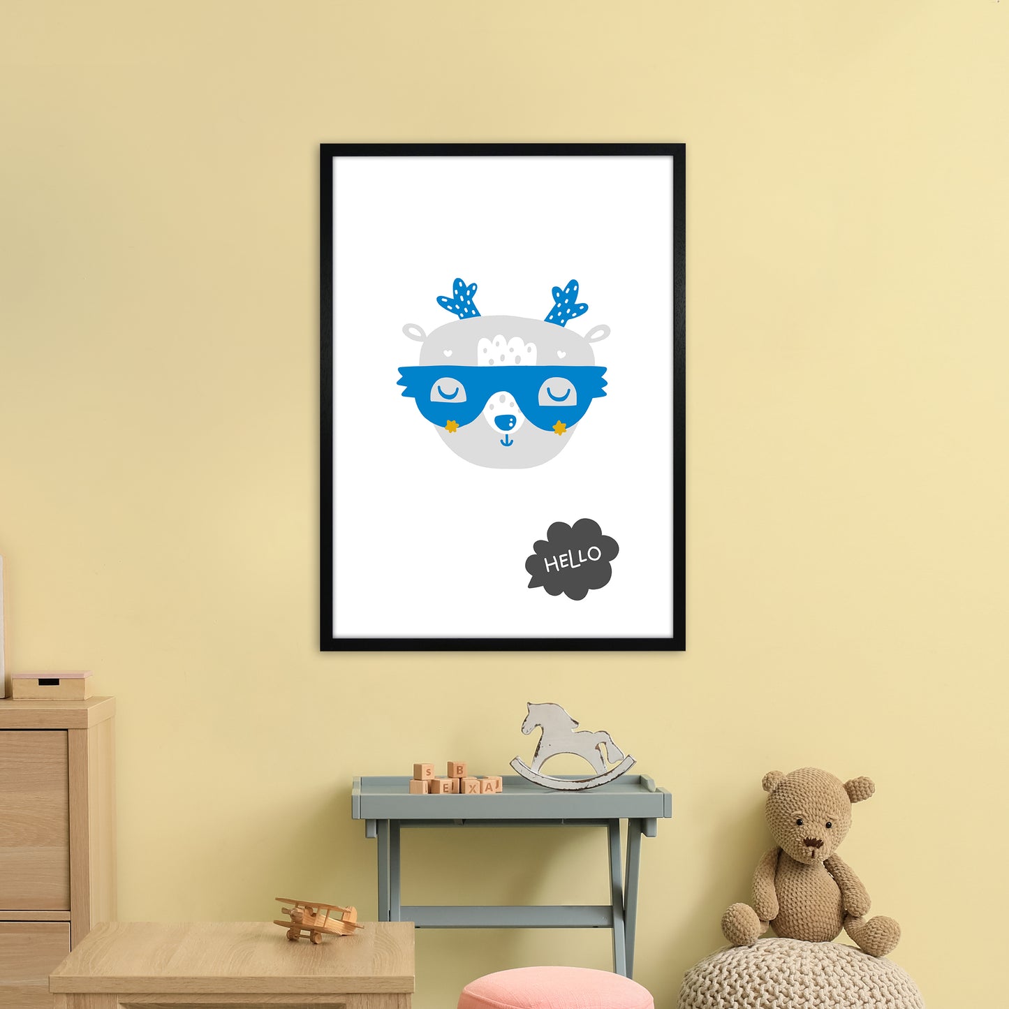 Hello Animal Blue Super Scandi Art Print by Pixy Paper A1 White Frame