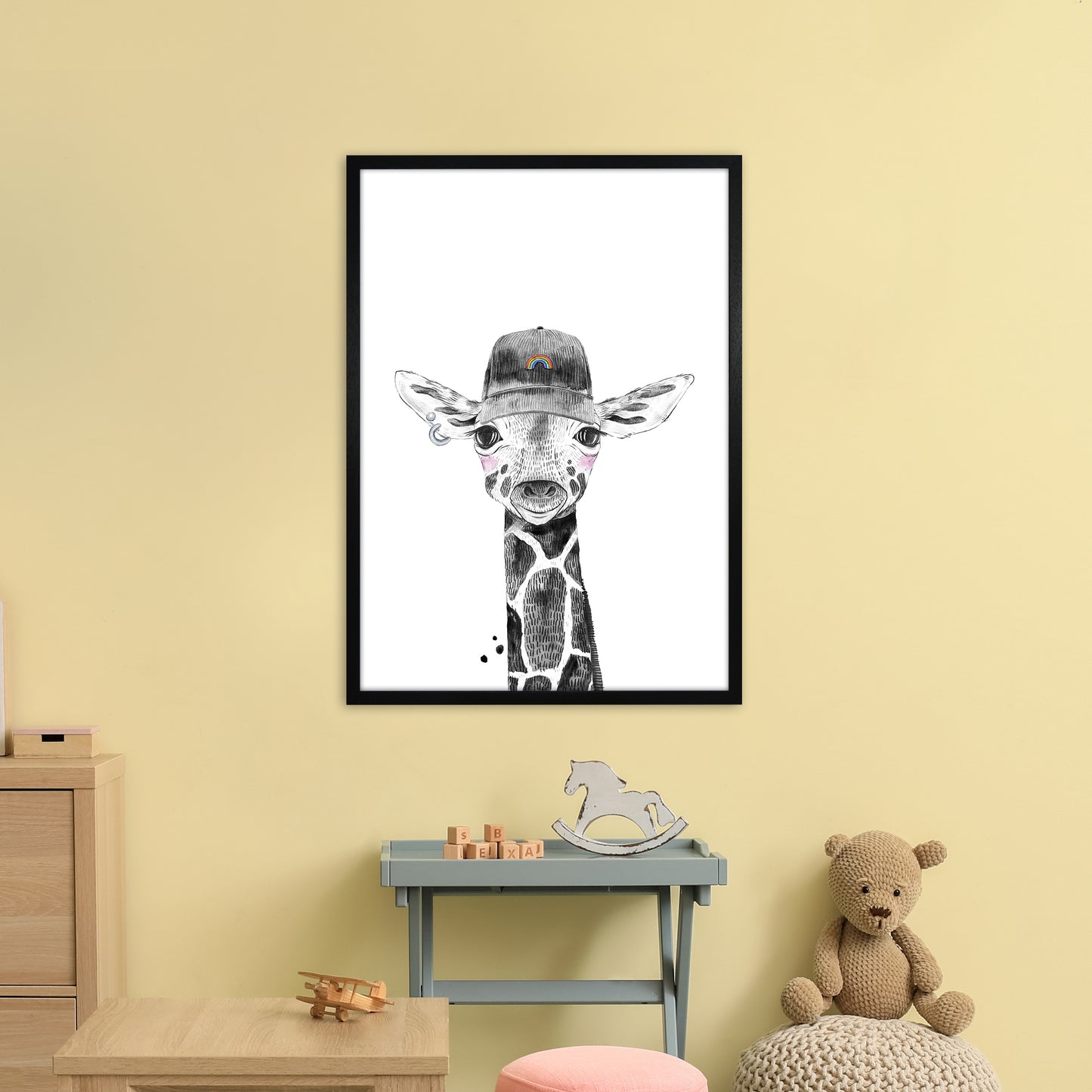 Safari Babies Giraffe With Hat Art Print by Pixy Paper A1 White Frame