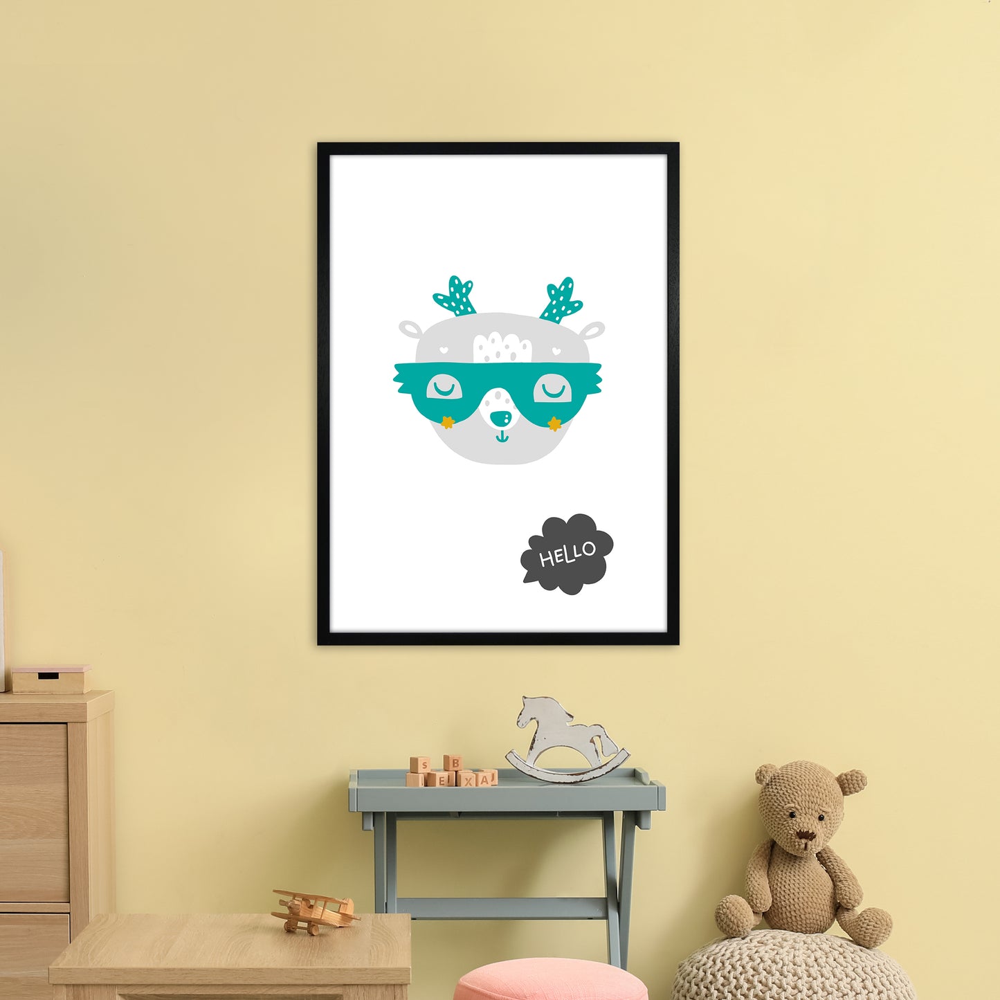 Hello Animal Teal Super Scandi Art Print by Pixy Paper A1 White Frame