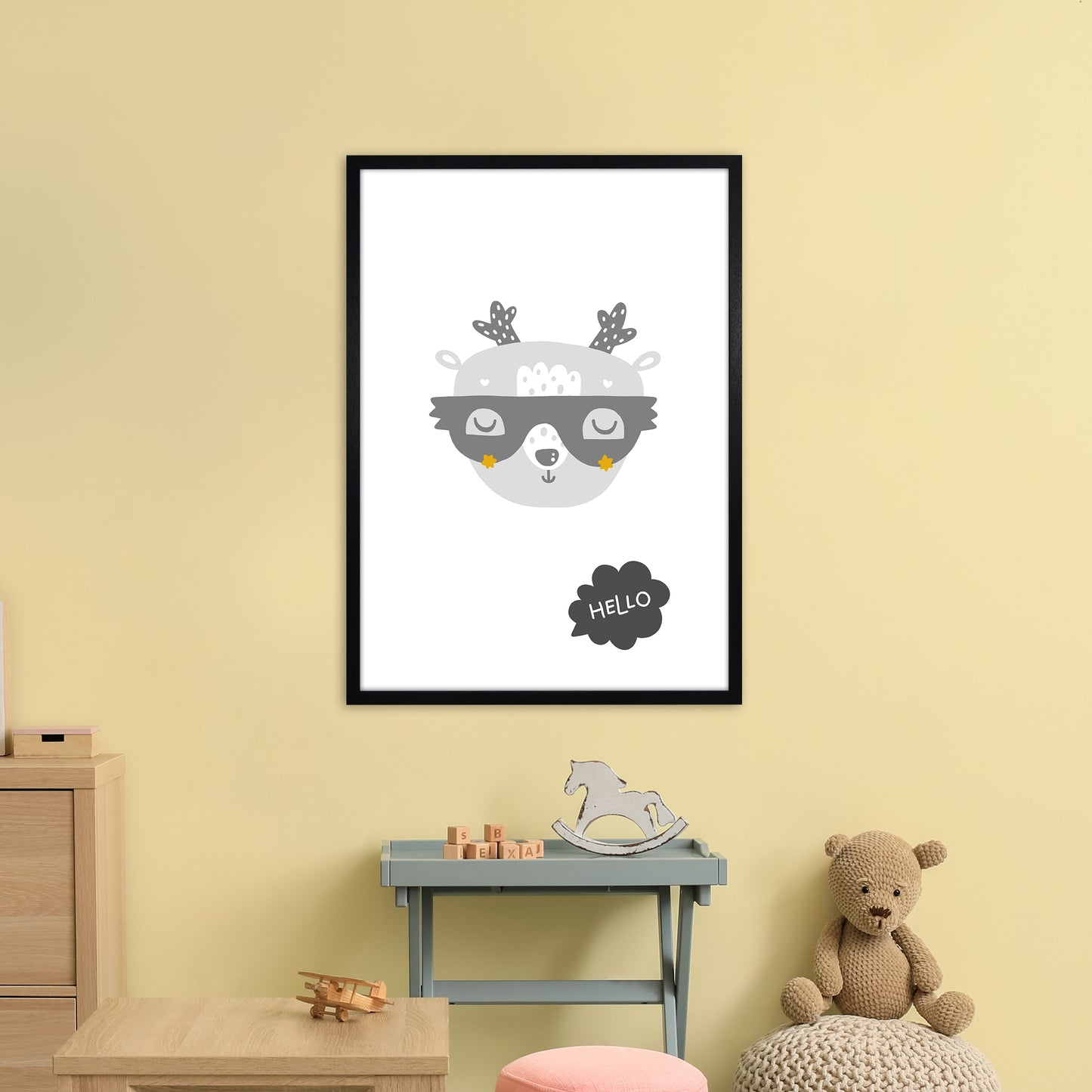 Hello Animal Super Scandi Grey Art Print by Pixy Paper A1 White Frame