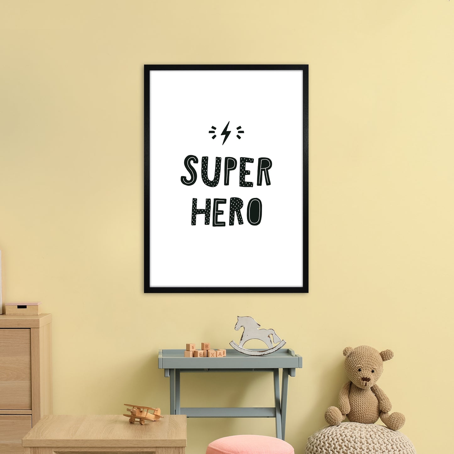 Super Hero Black Super Scandi Art Print by Pixy Paper A1 White Frame