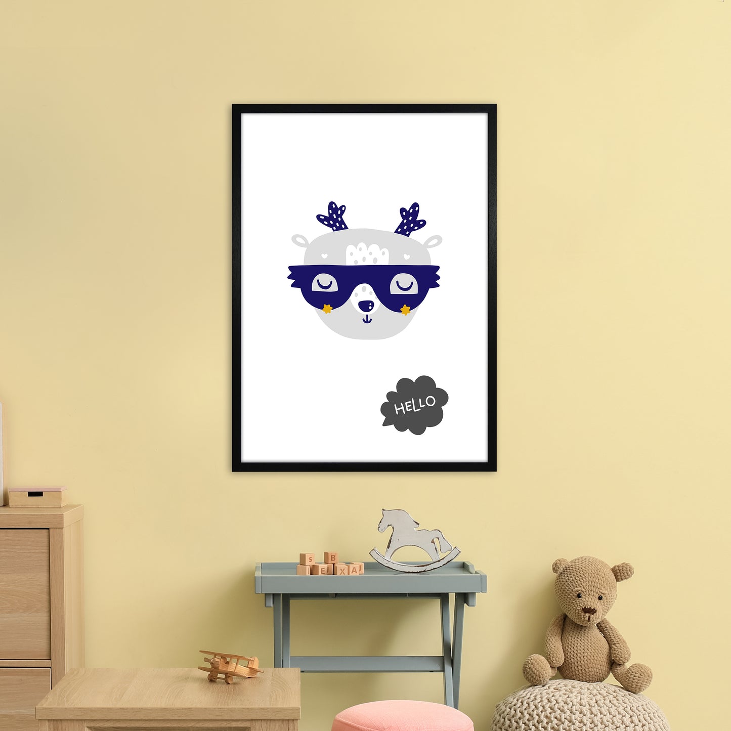 Hello Animal Navy Uper Scandi Art Print by Pixy Paper A1 White Frame