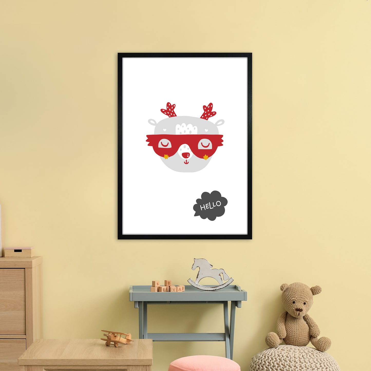 Hello Animal Red Super Scandi Art Print by Pixy Paper A1 White Frame