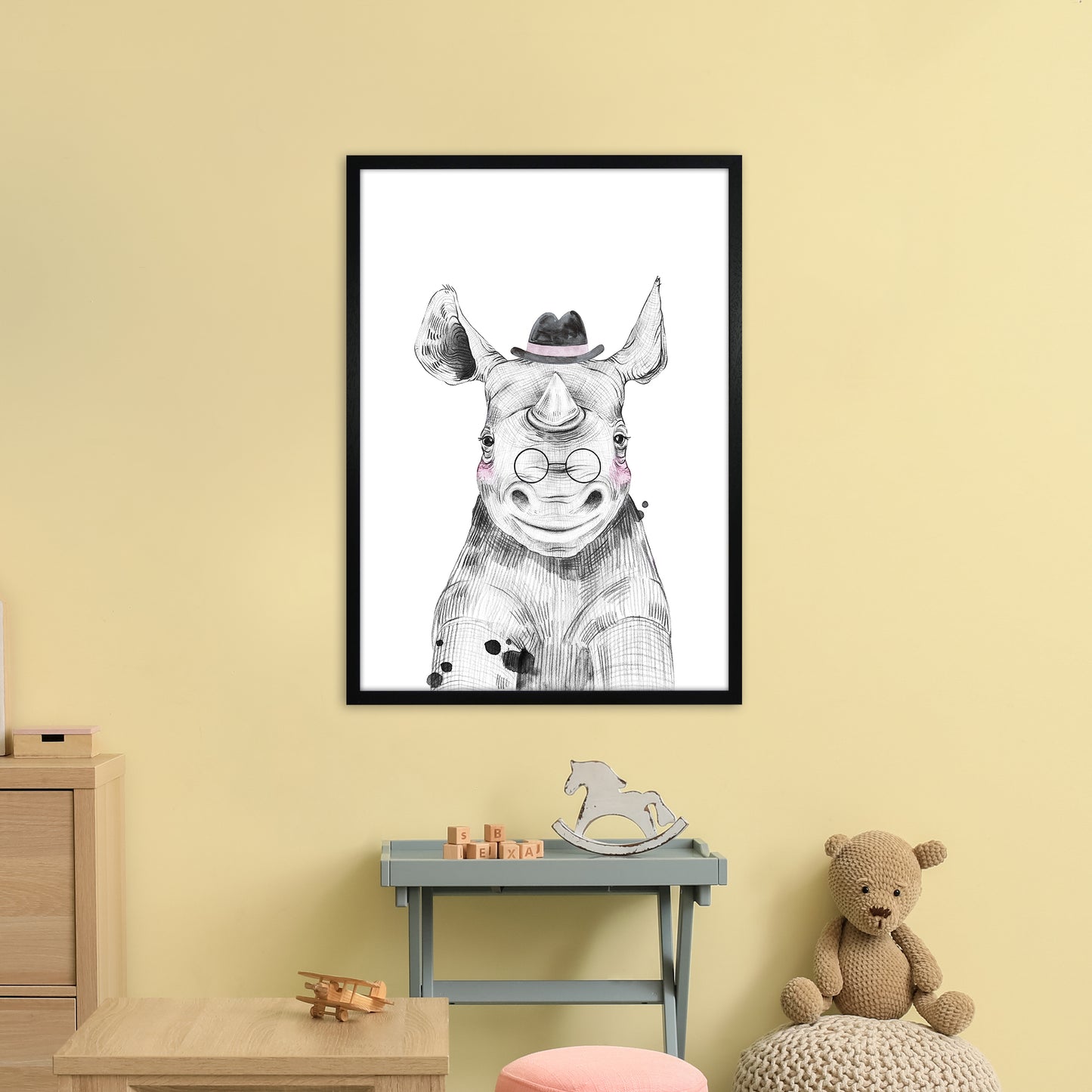 Safari Babies Rhino With Hat Art Print by Pixy Paper A1 White Frame