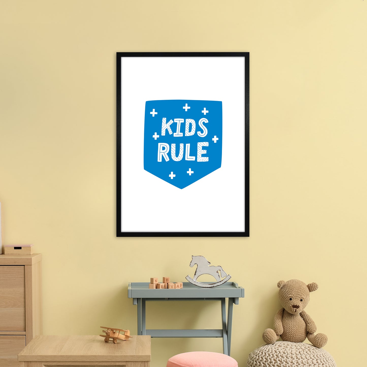 Kids Rule Blue Super Scandi Art Print by Pixy Paper A1 White Frame