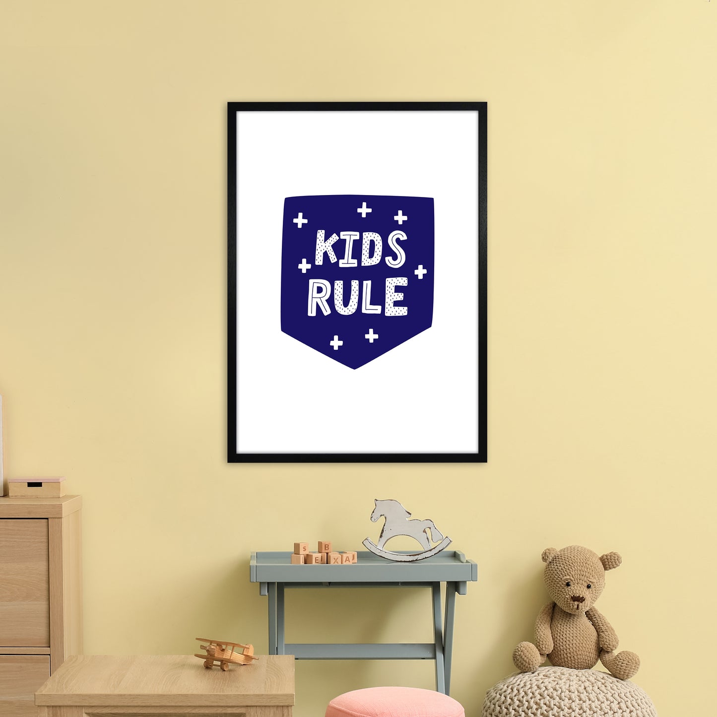 Kids Rule Navy Super Scandi Art Print by Pixy Paper A1 White Frame