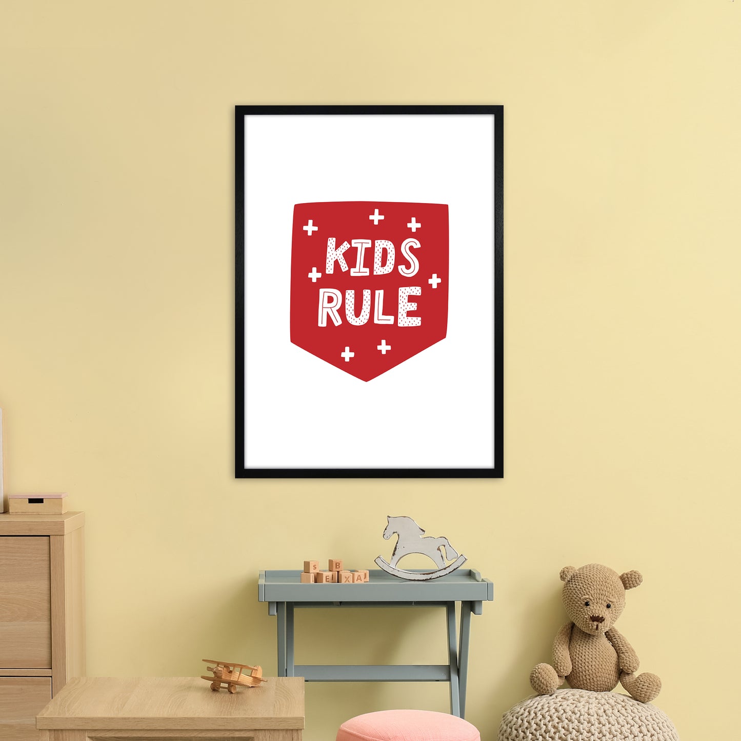Kids Rule Red Super Scandi Art Print by Pixy Paper A1 White Frame