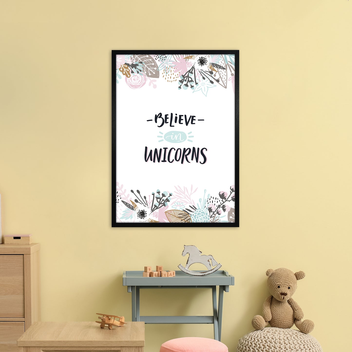 Believe In Unicorns Floral Art Print by Pixy Paper A1 White Frame