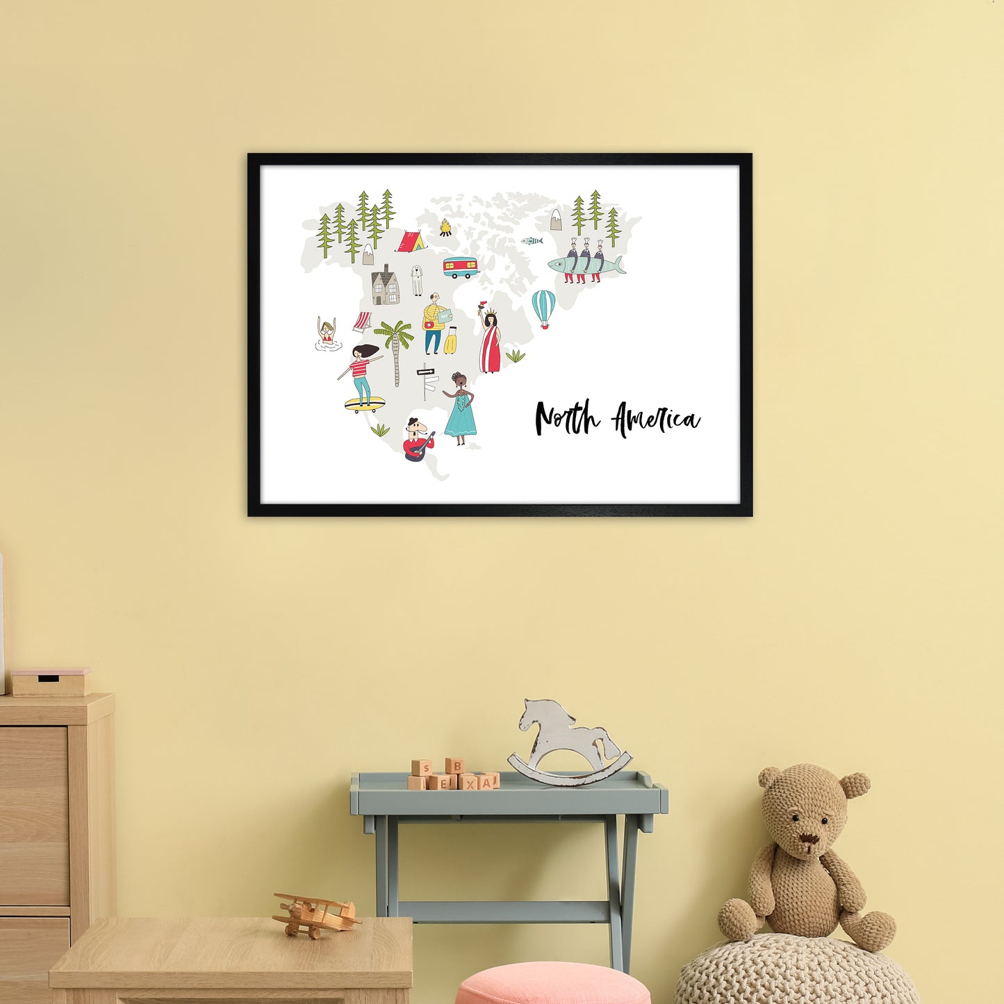 North America Map Art Print by Pixy Paper A1 White Frame