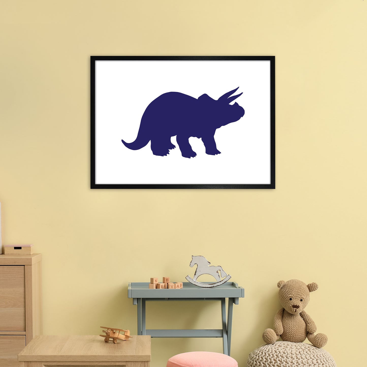 Triceratops Navy Art Print by Pixy Paper A1 White Frame