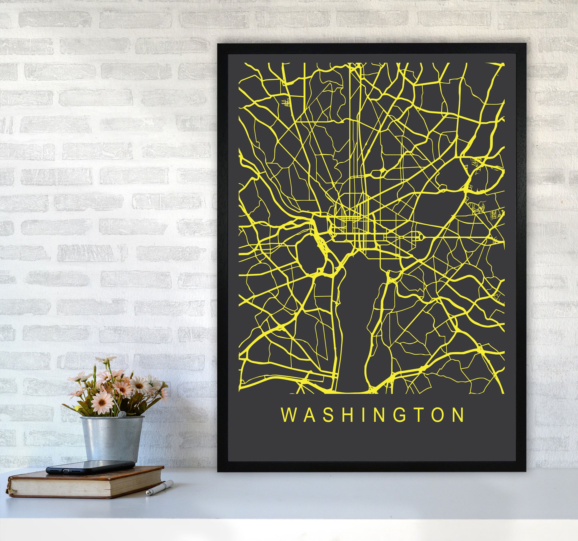 Washington Map Neon Art Print by Pixy Paper A1 White Frame