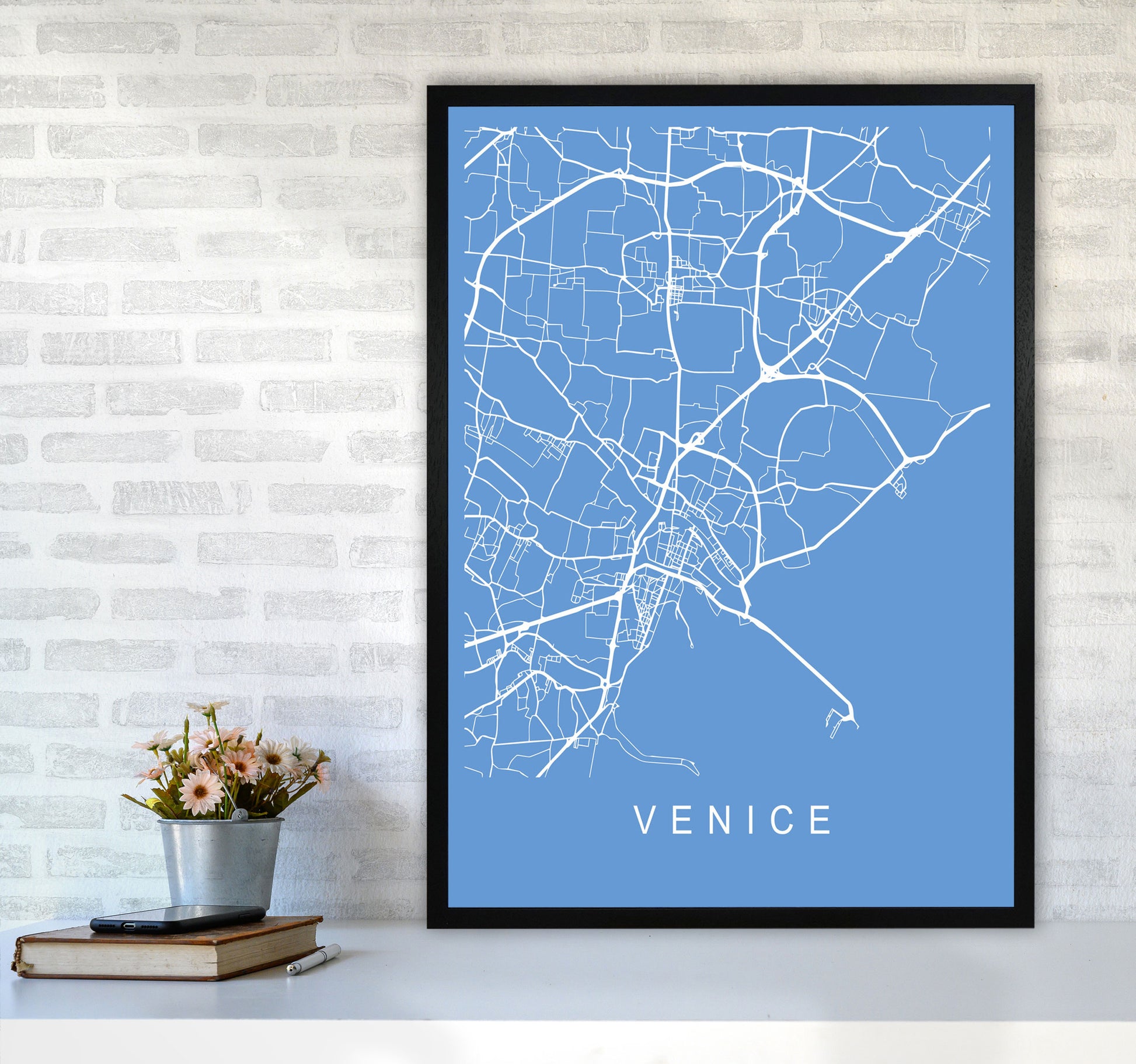 Venice Map Blueprint Art Print by Pixy Paper A1 White Frame