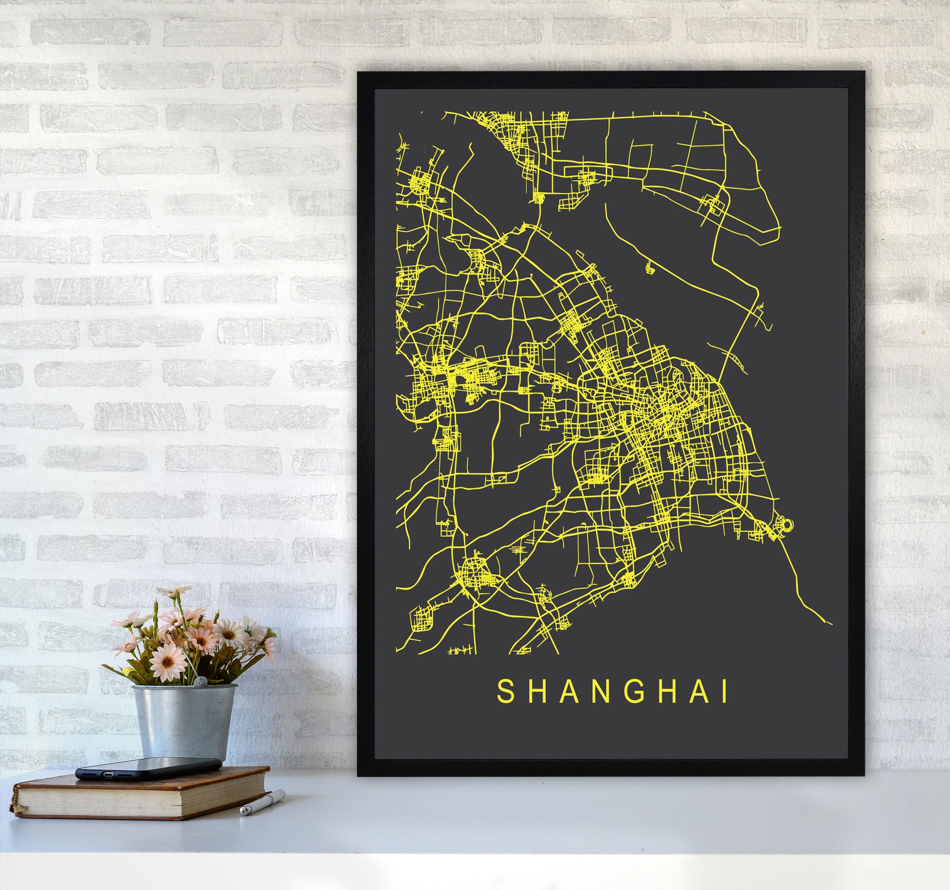 Shanghai Map Neon Art Print by Pixy Paper A1 White Frame