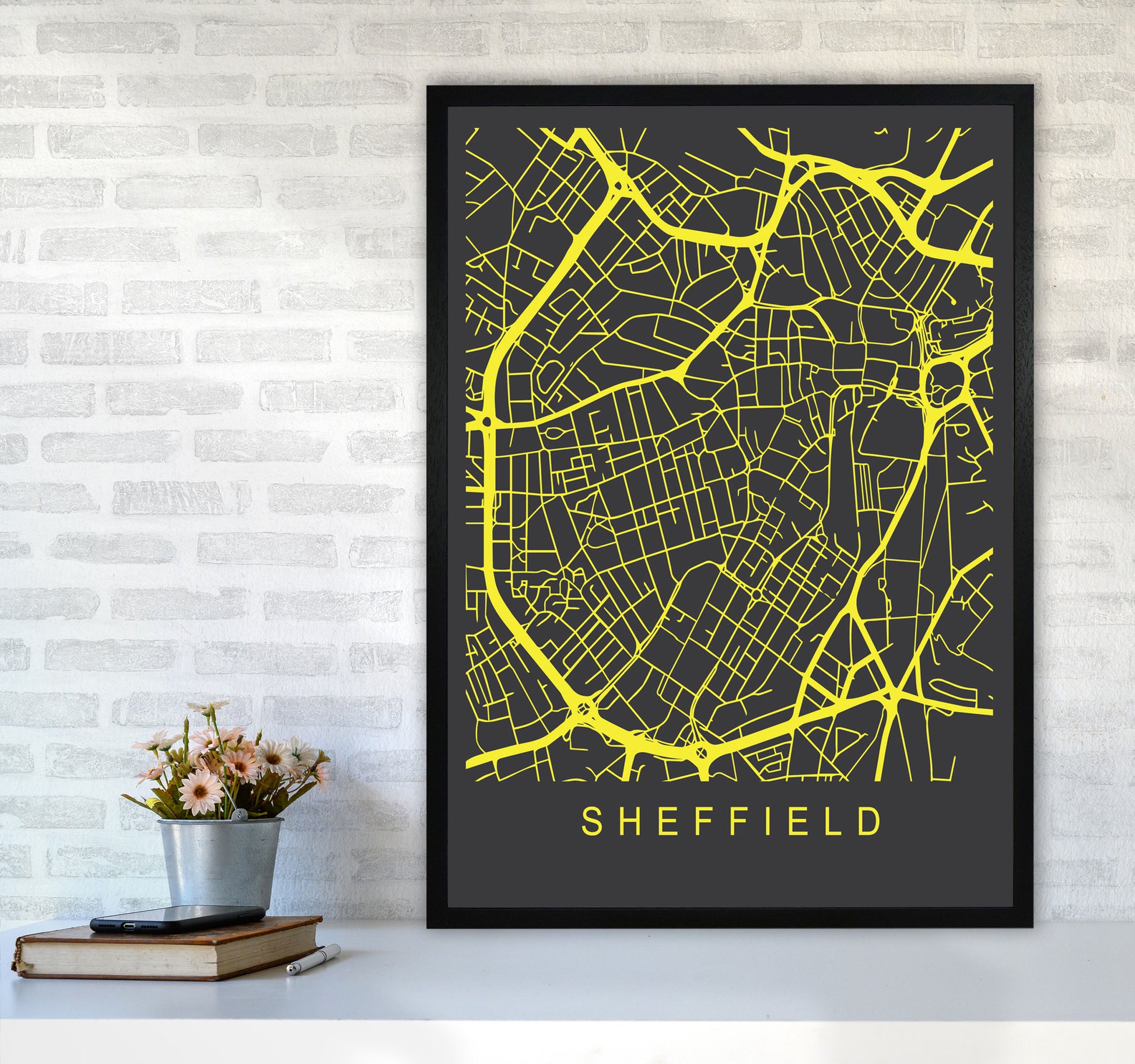 Sheffield Map Neon Art Print by Pixy Paper A1 White Frame
