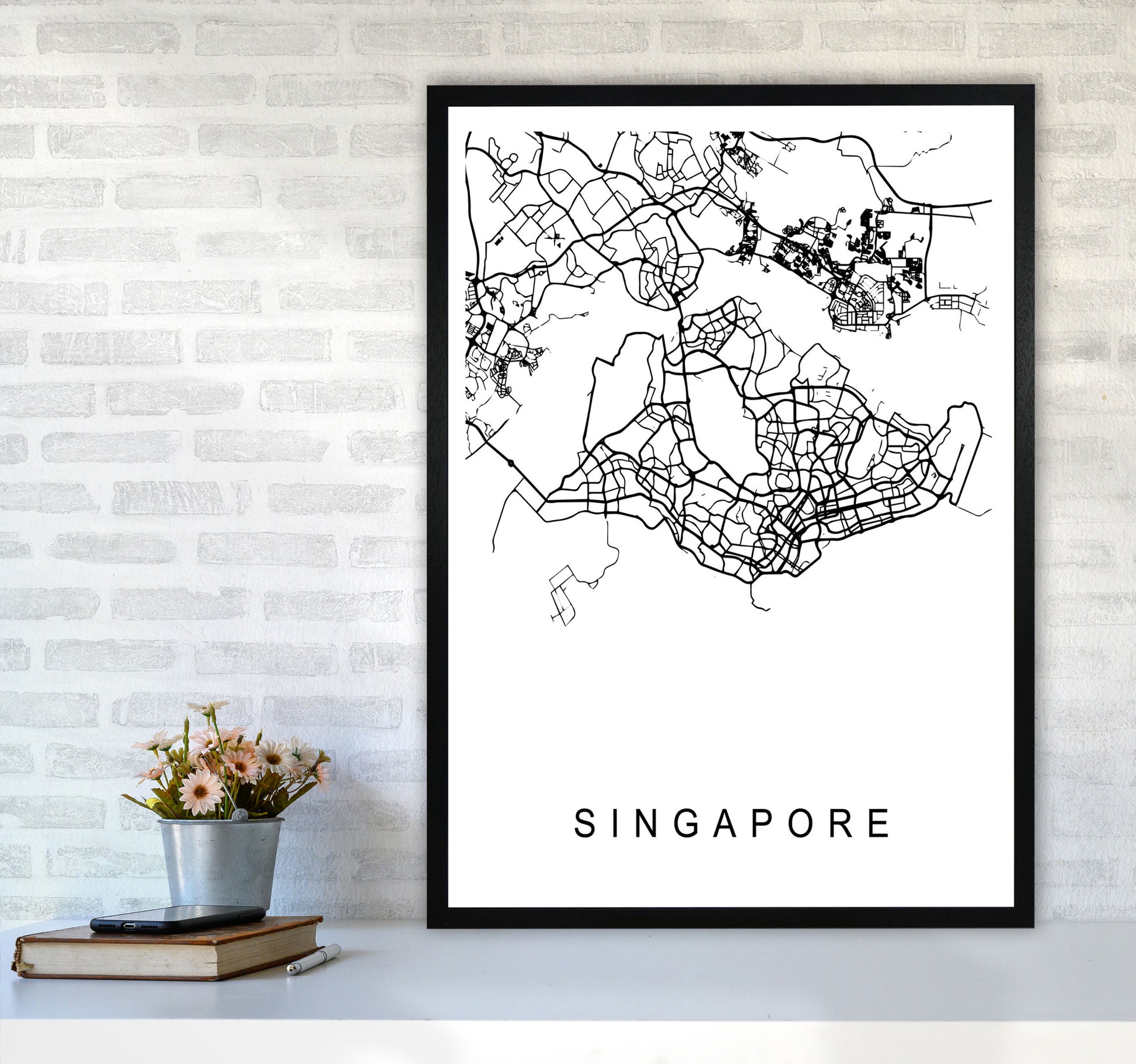 Singapore Map Art Print by Pixy Paper A1 White Frame