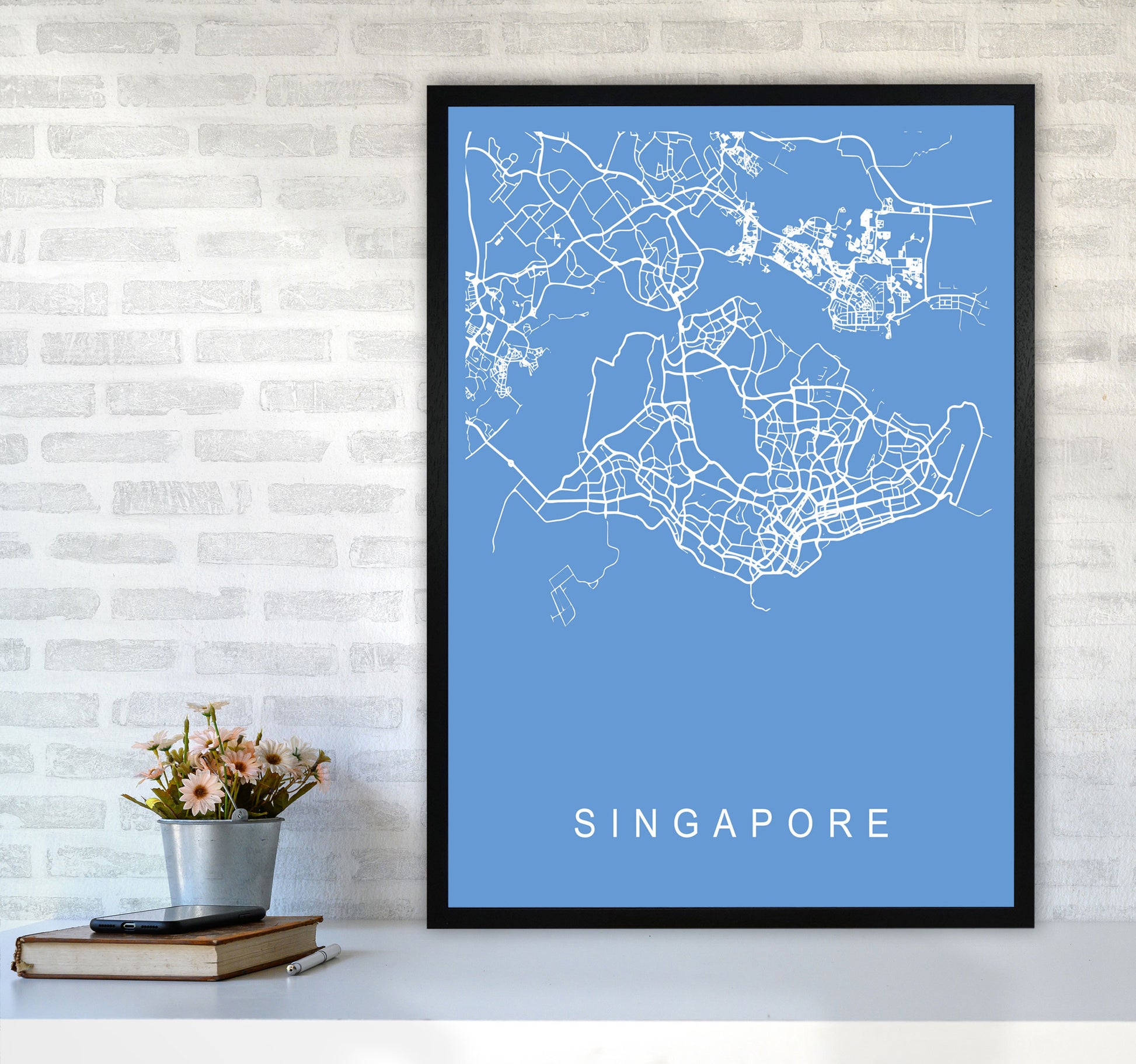 Singapore Map Blueprint Art Print by Pixy Paper A1 White Frame