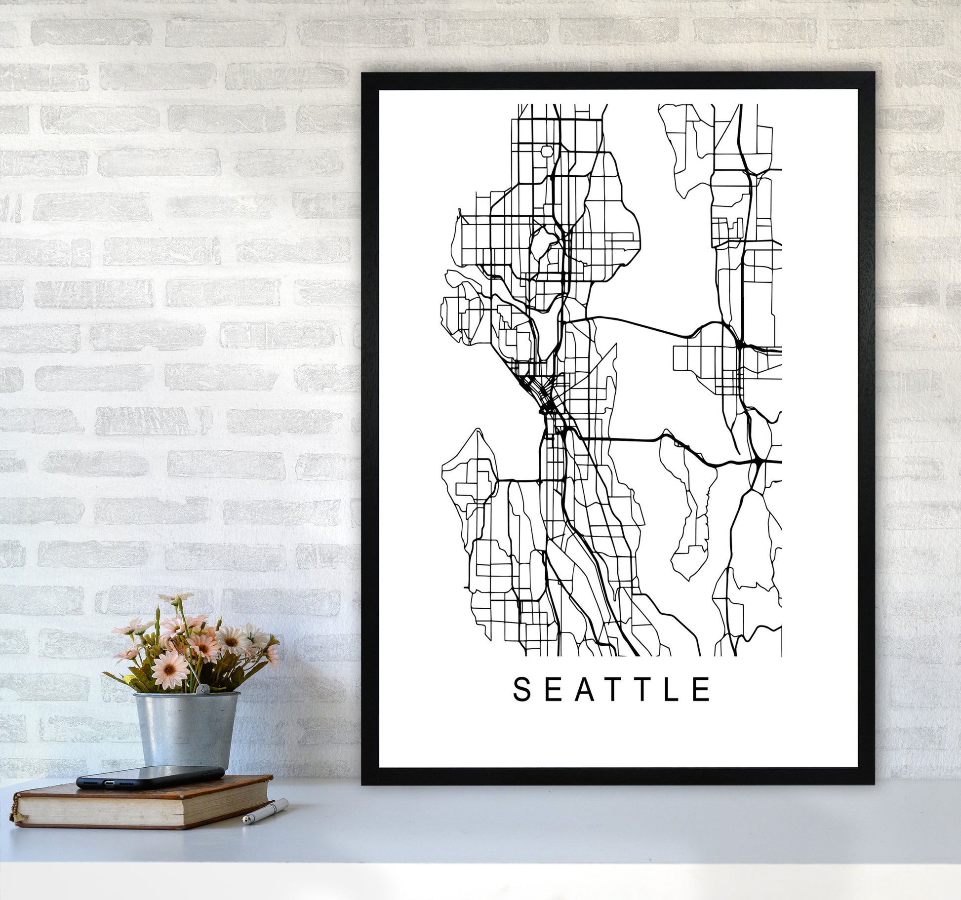 Seattle Map Art Print by Pixy Paper A1 White Frame