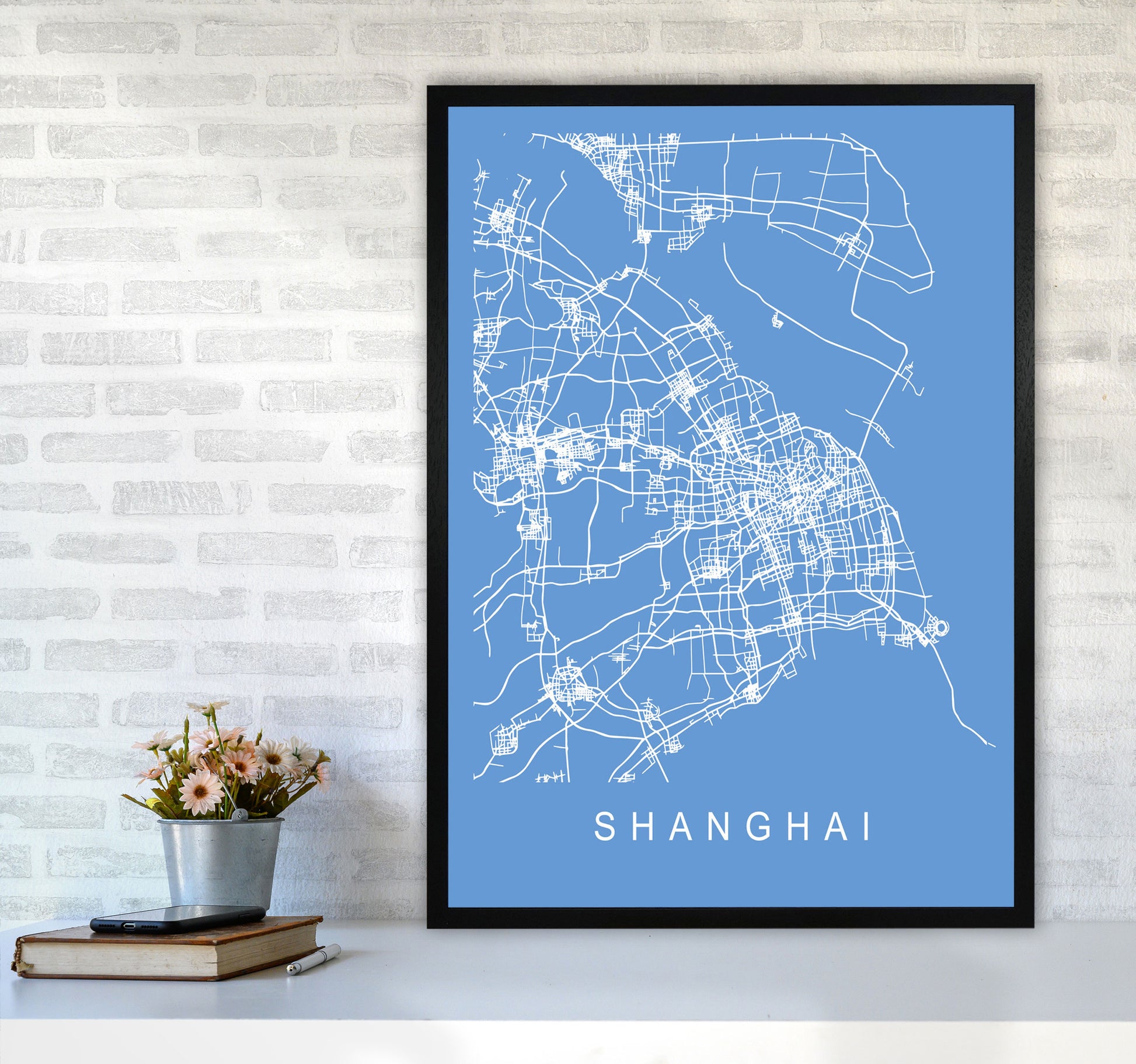Shanghai Map Blueprint Art Print by Pixy Paper A1 White Frame