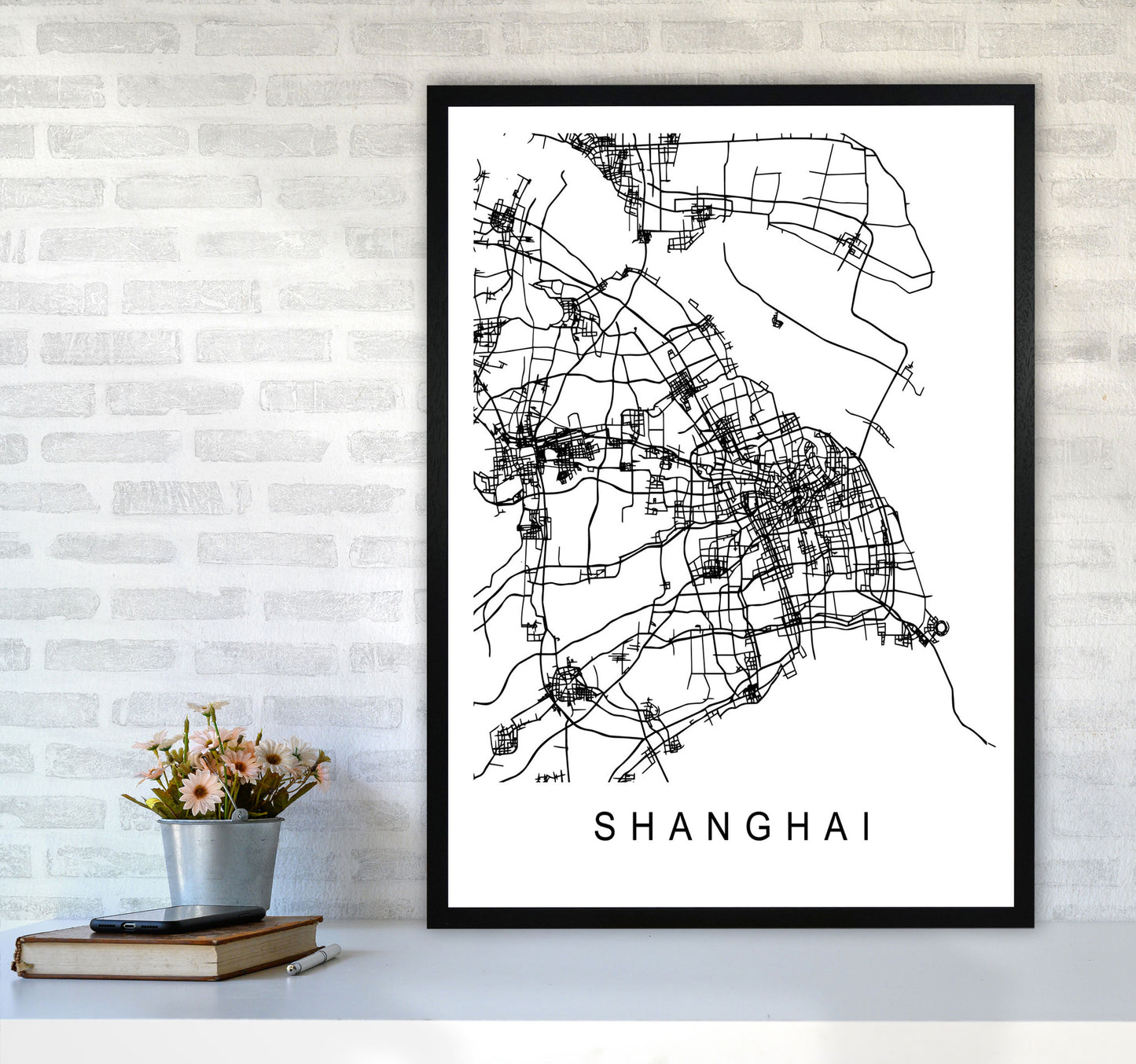 Shanghai Map Art Print by Pixy Paper A1 White Frame