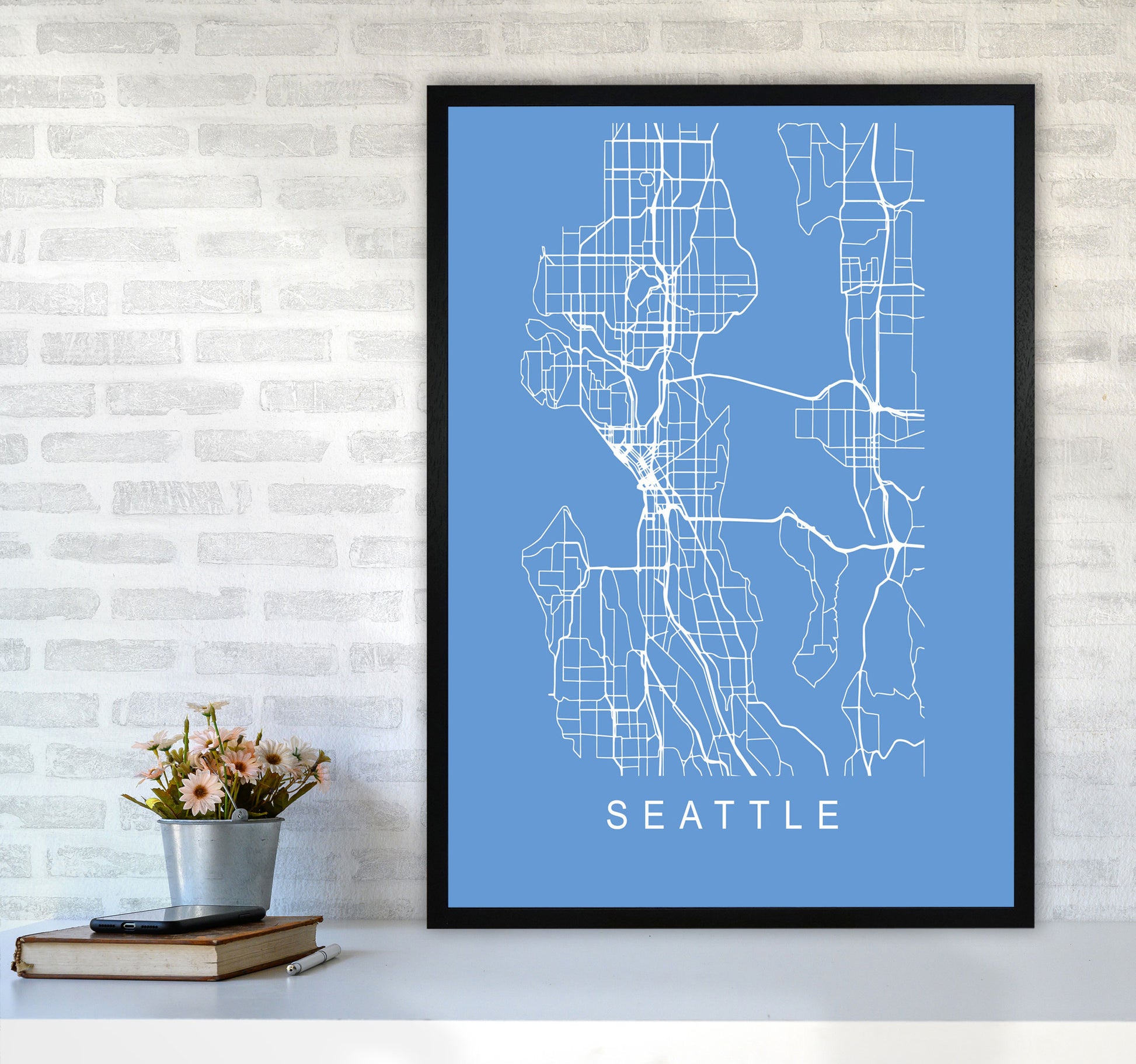 Seattle Map Blueprint Art Print by Pixy Paper A1 White Frame