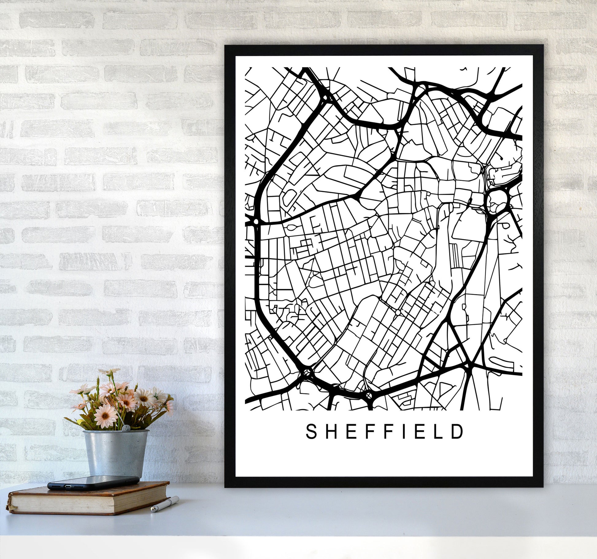 Sheffield Map Art Print by Pixy Paper A1 White Frame