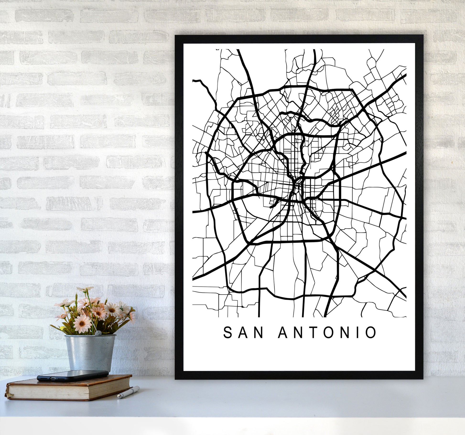 San Antonio Map Art Print by Pixy Paper A1 White Frame