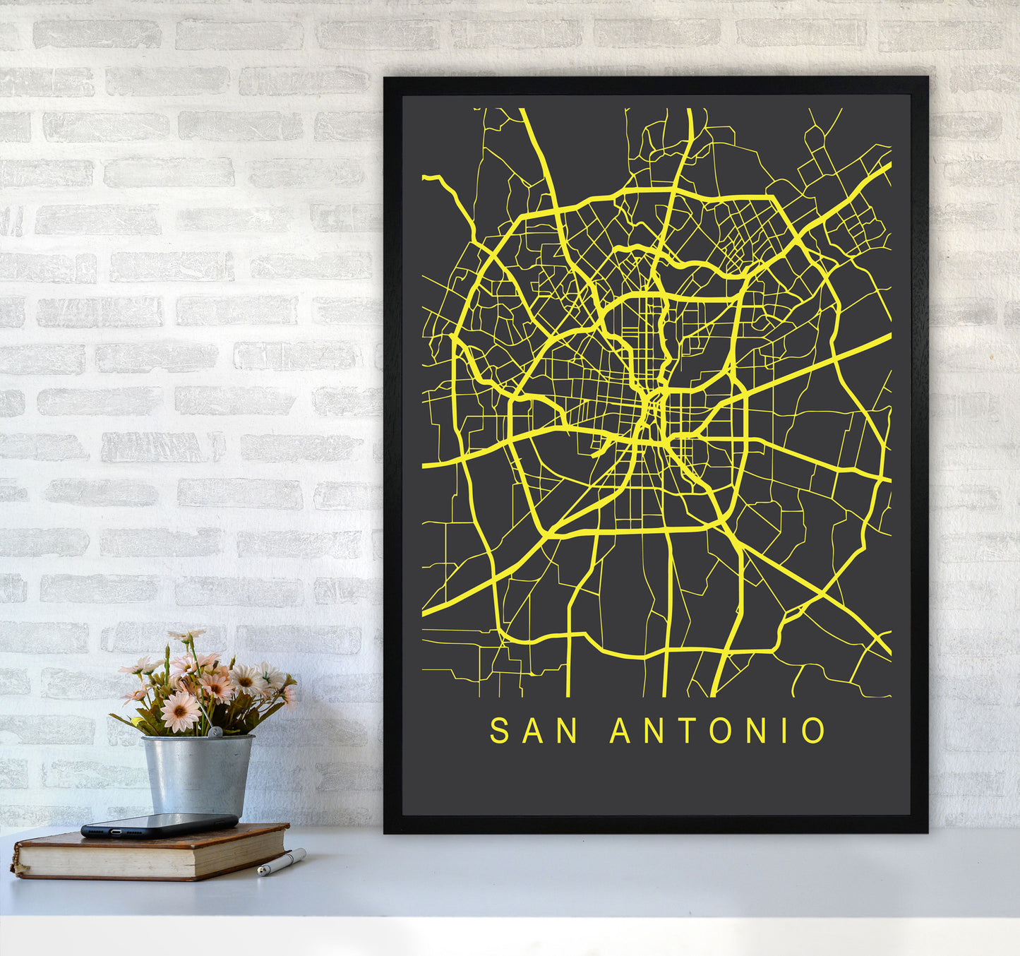 San Antonio Map Neon Art Print by Pixy Paper A1 White Frame